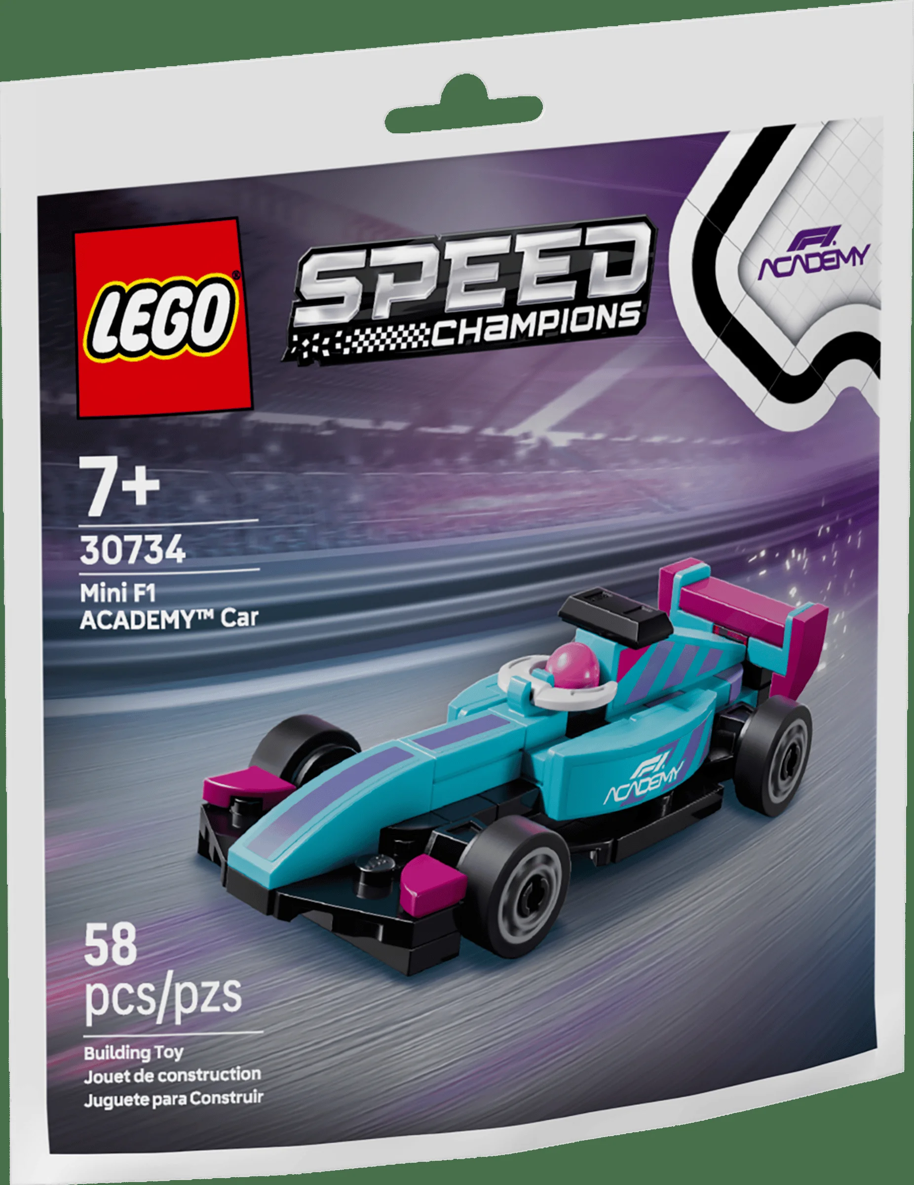 Imagine cu ambalajul setului LEGO Speed Champions 30734 Mini F1 ACADEMY Car.