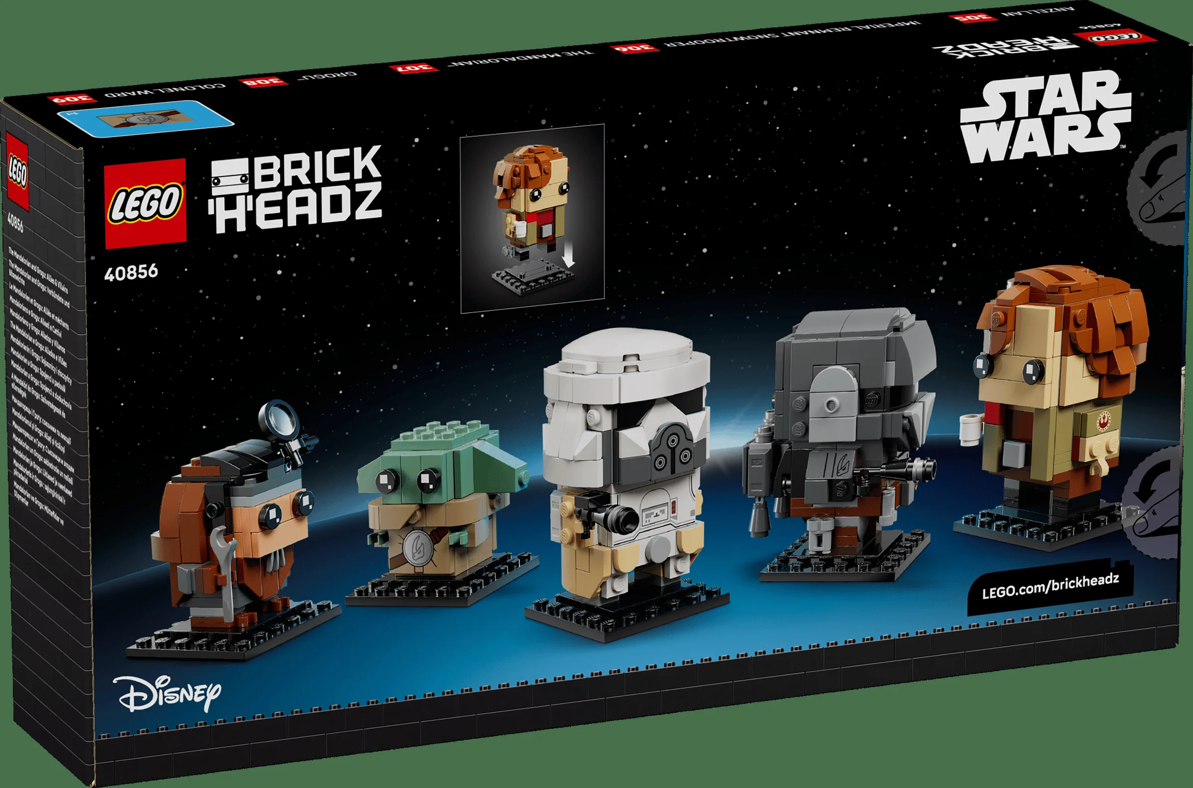 Cutie LEGO 40856, cu Mandalorian, Grogu și alți aliați și răufăcători BrickHeadz.