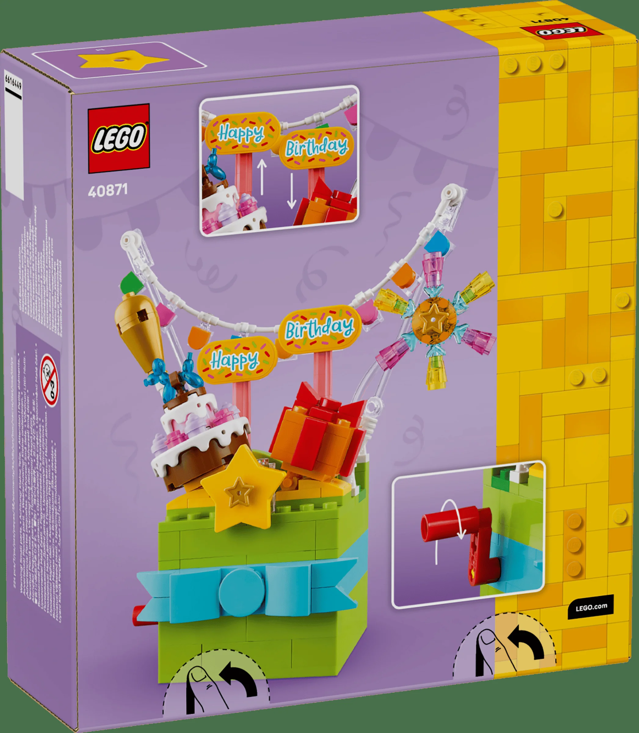 Cutia LEGO 40871 prezintă o cutie cadou festivă, cu accesorii de aniversare. Detalii colorate și un design atrăgător.