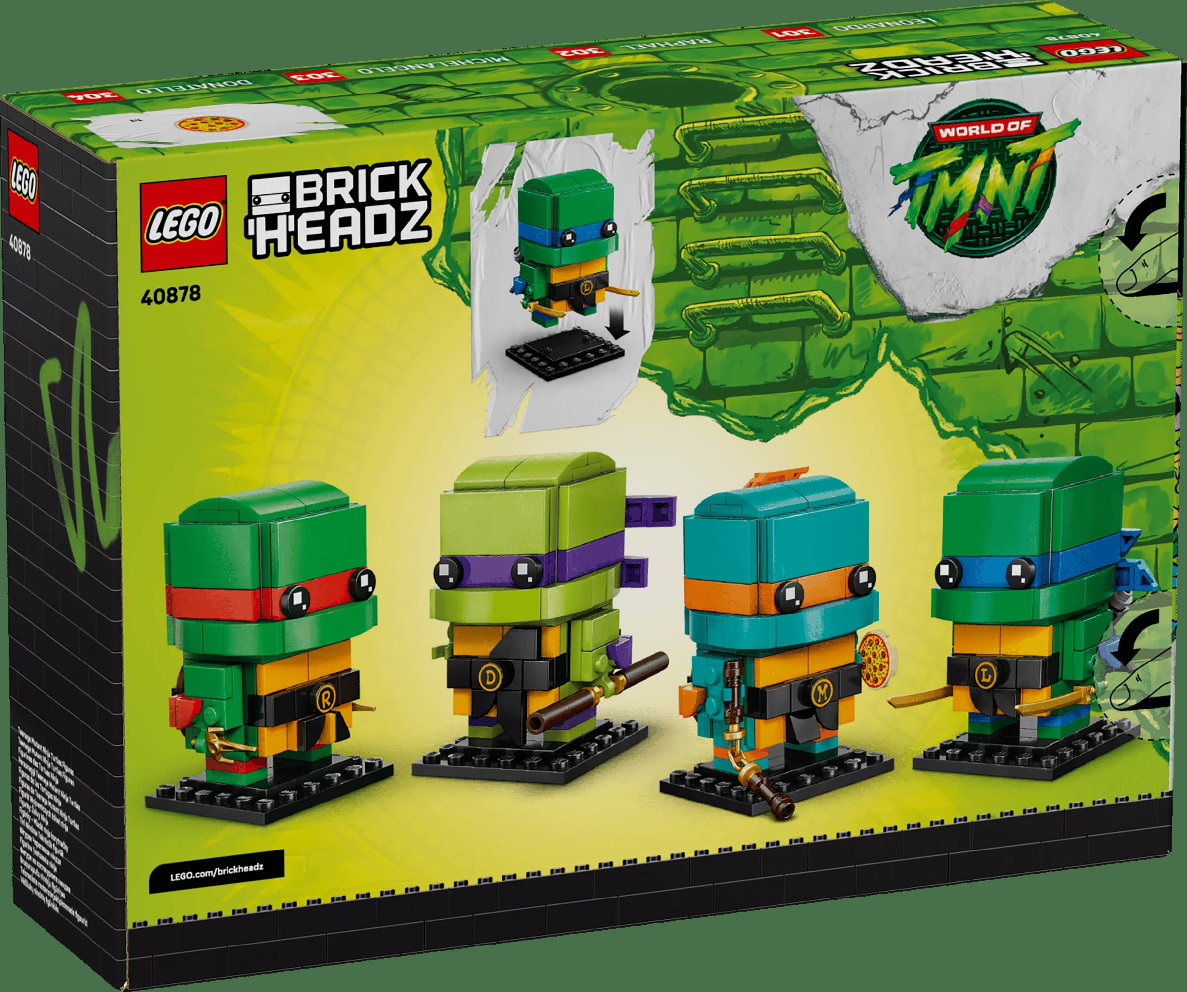 Cutia setului LEGO BrickHeadz 40878 cu cele patru figurine Teenage Mutant Ninja Turtles.