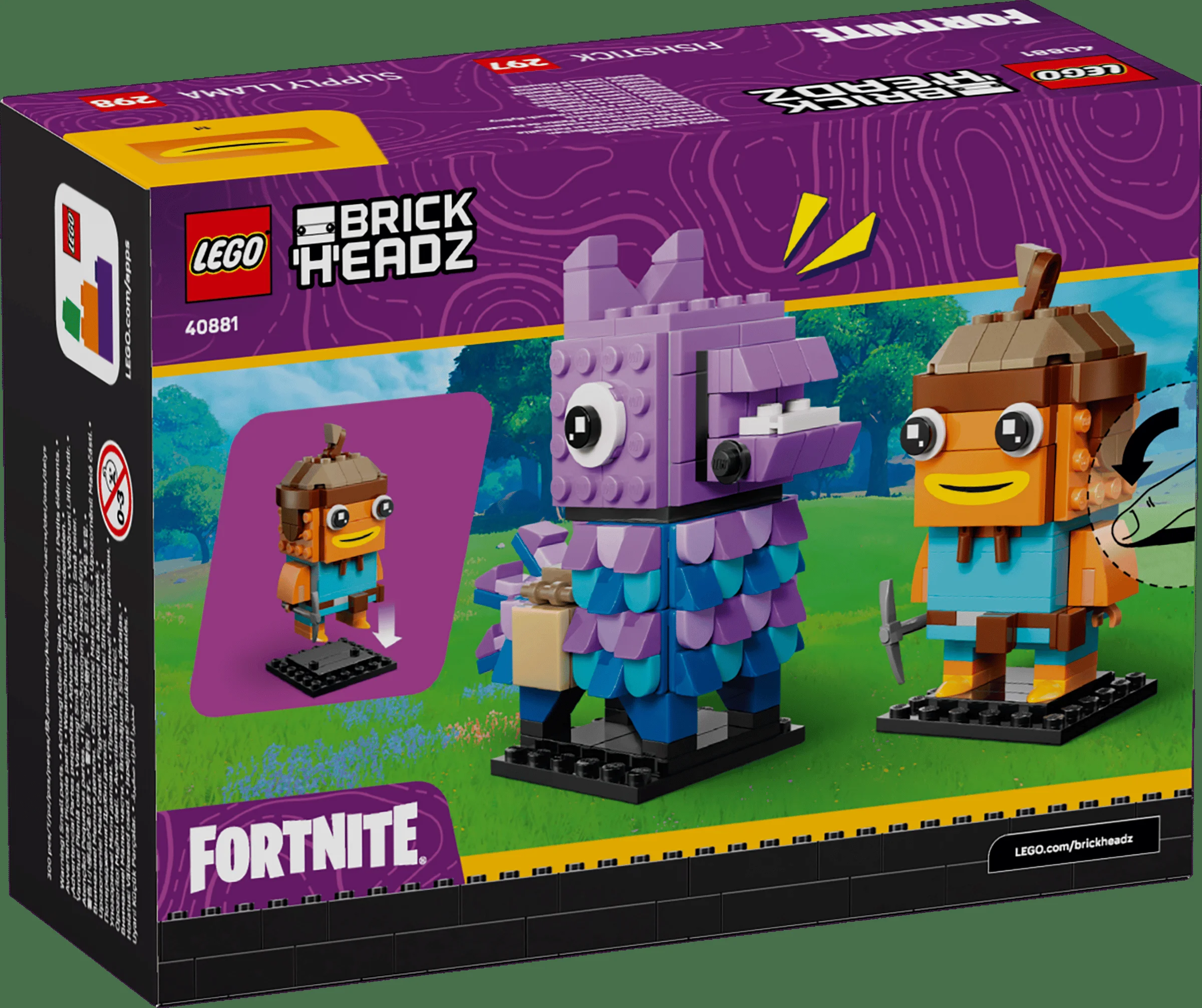 Imagine cu cutia setului LEGO 40881, Llama și Fishstick, cu cele două figurine BrickHeadz.