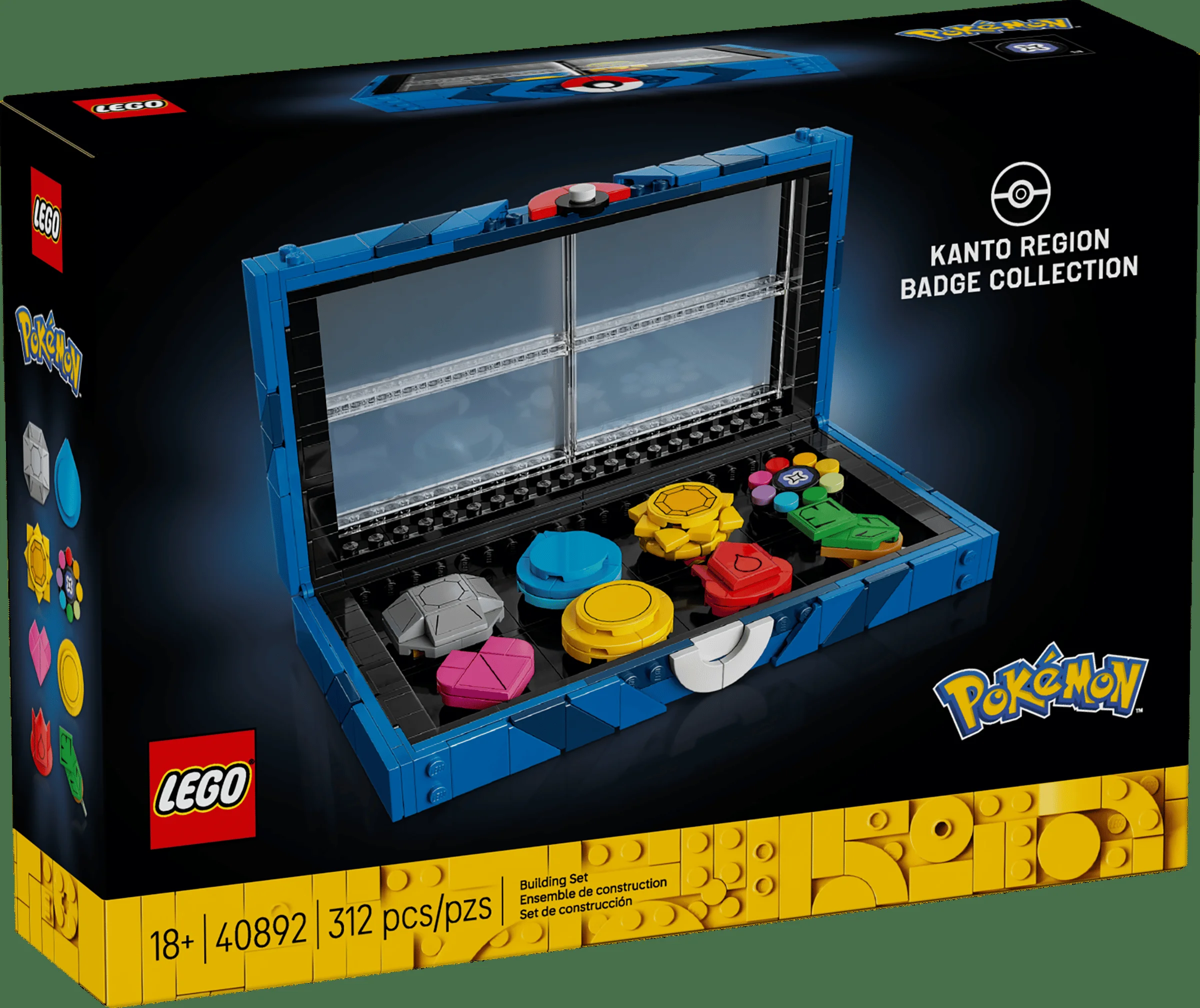 Cutia LEGO 40892 prezintă colecția de insigne din regiunea Kanto. Set detaliat și colorat.