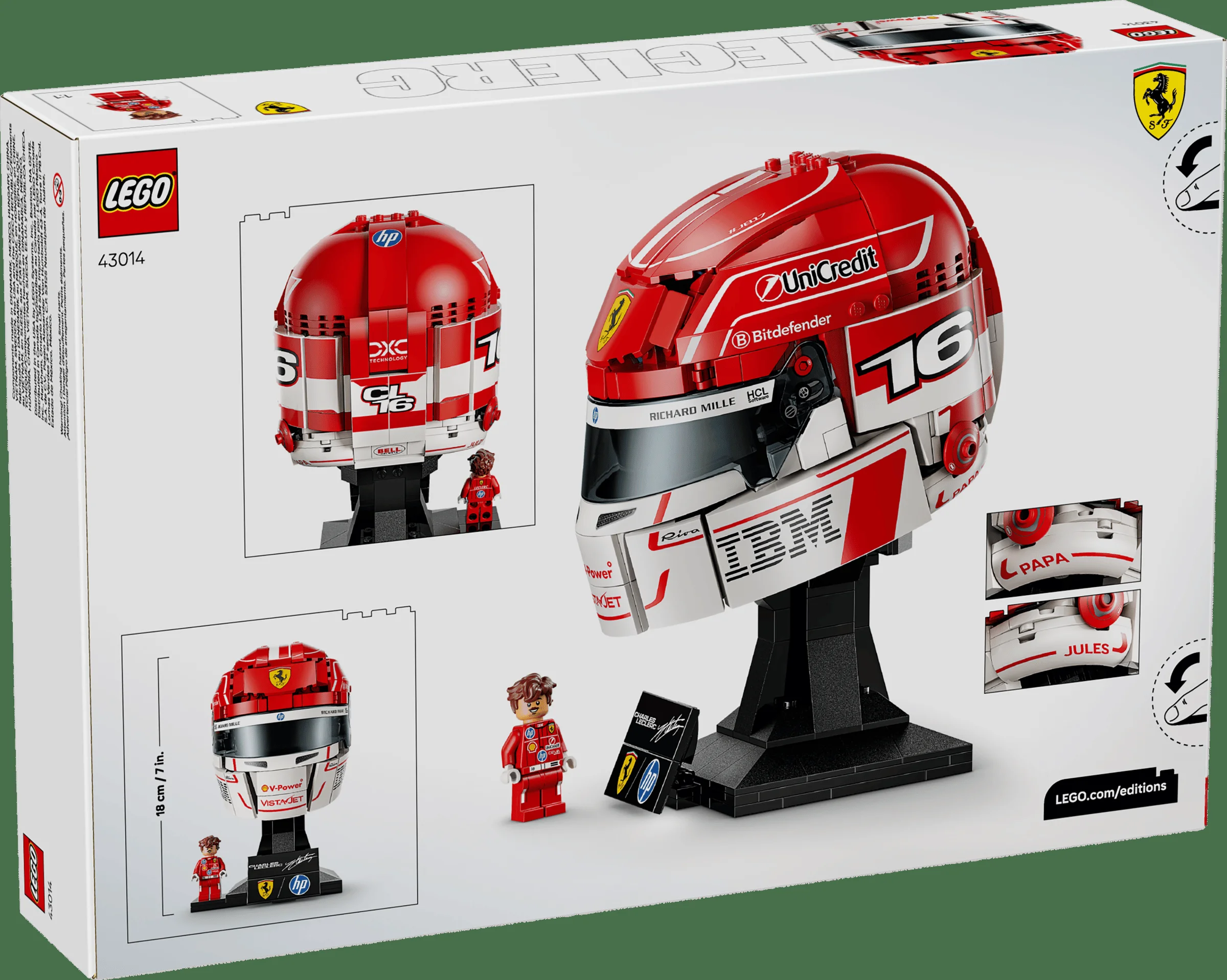 Cutia setului LEGO 43014, cu casca lui Charles Leclerc și minifigurina.