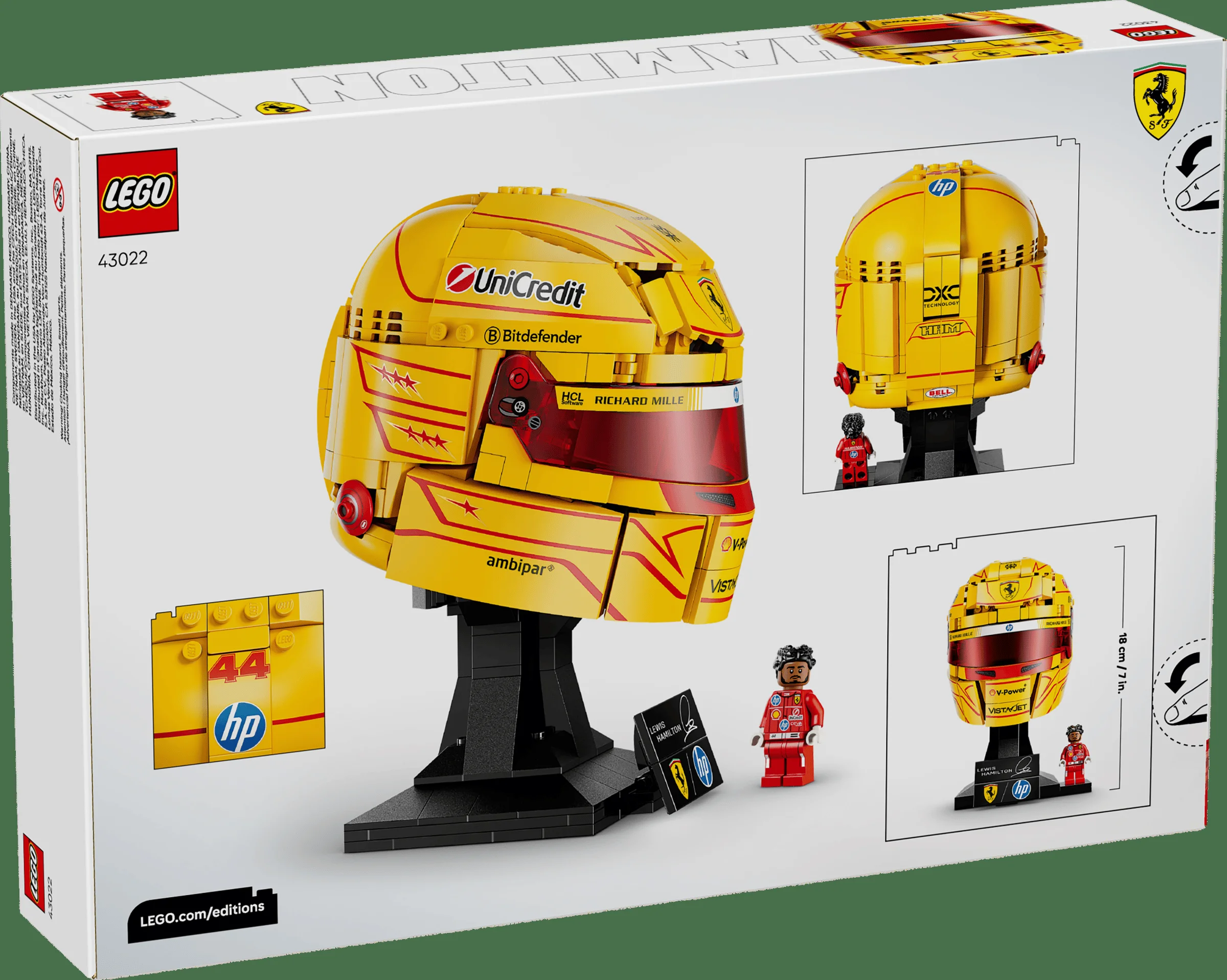 Cutia LEGO 43022 prezintă casca lui Lewis Hamilton, cu detalii și minifigurina inclusă.