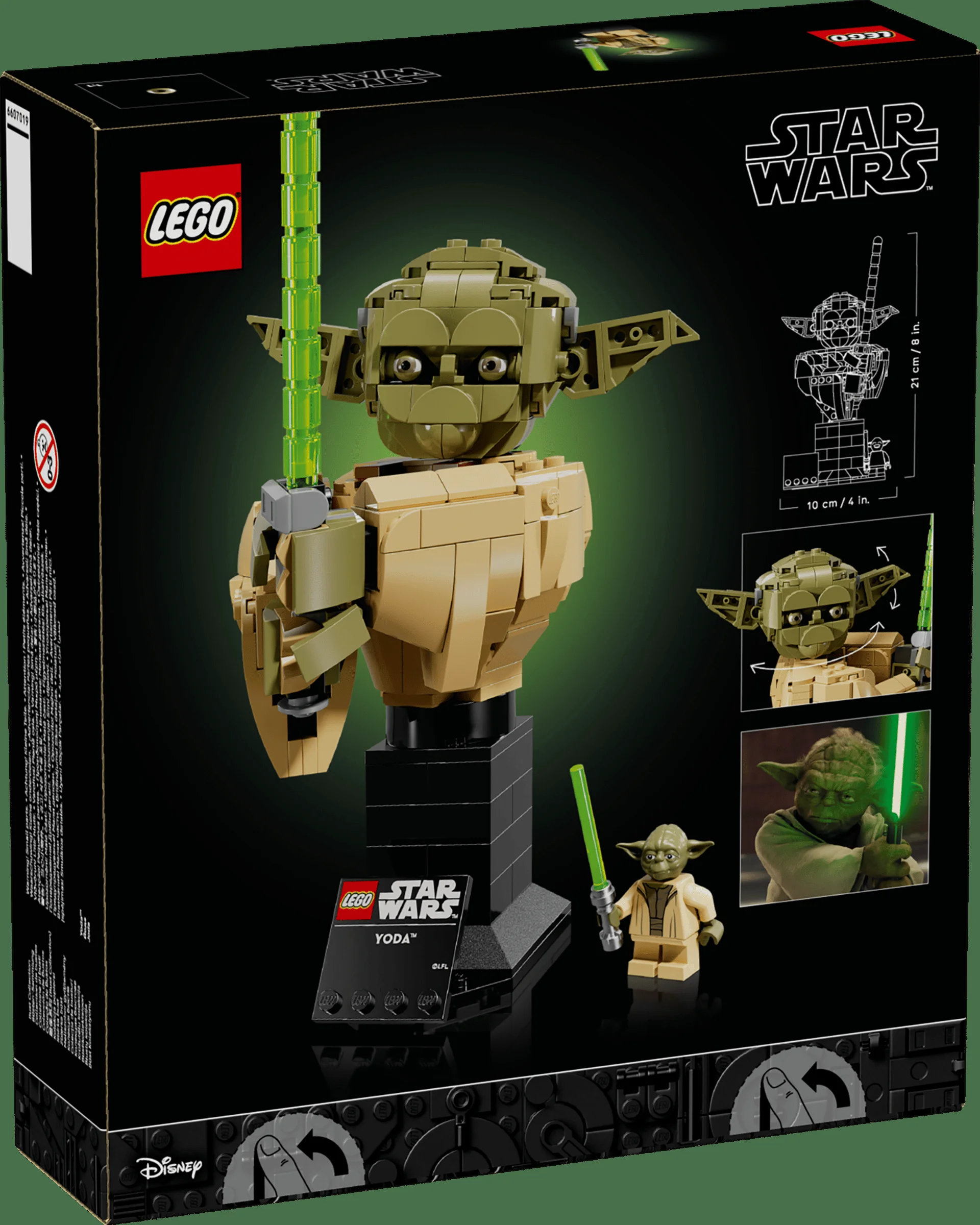 Cutia setului LEGO Star Wars 75438 Yoda Bust, cu modelul, minifigurina și logo-urile LEGO și Star Wars.
