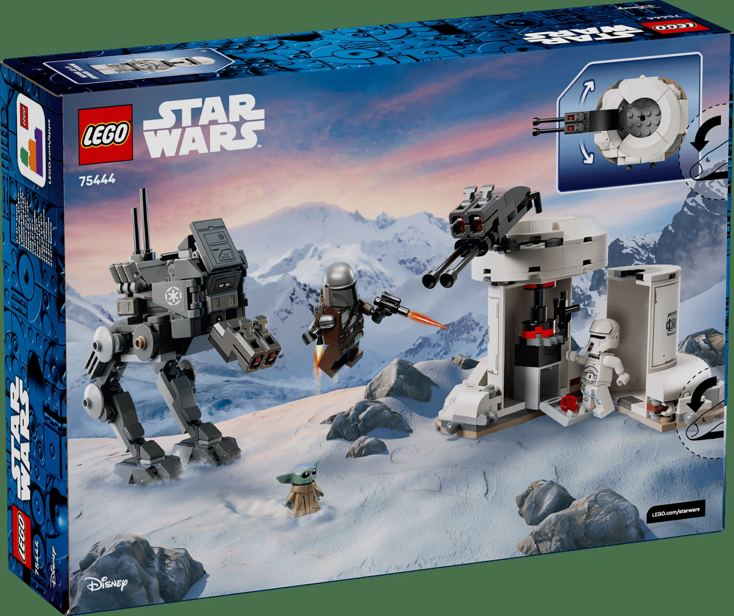 Cutia LEGO Star Wars 75444 prezintă o scenă de luptă pe o planetă înghețată.