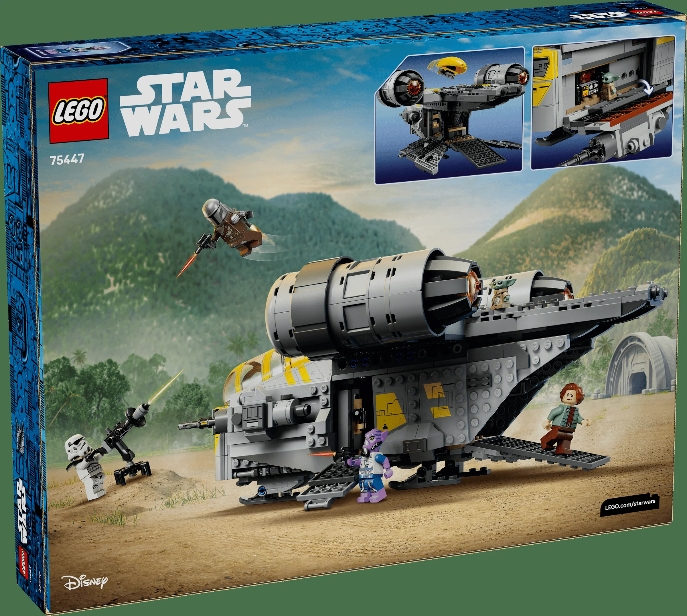 Cutia LEGO Star Wars 75447 The Razor Crest, cu nava și minifigurinele prezentate într-o scenă de acțiune.