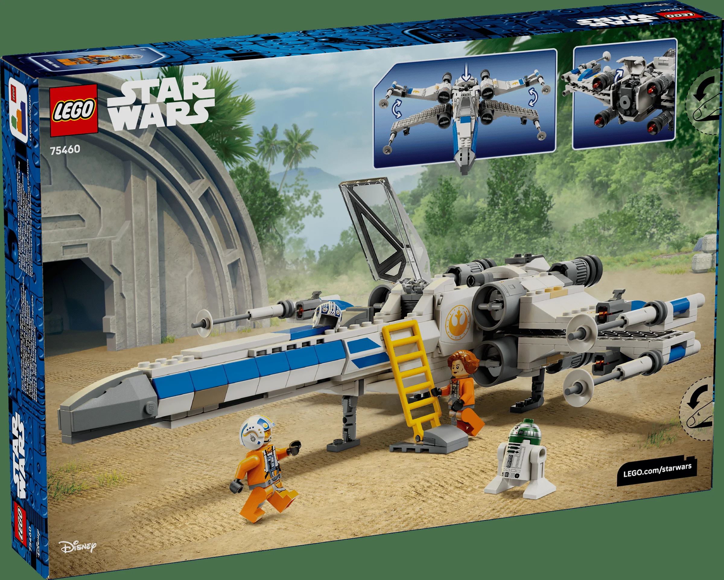 Cutie LEGO 75460 cu X-wing Starfighter, cu minifigurine și detalii ale modelului prezentate.