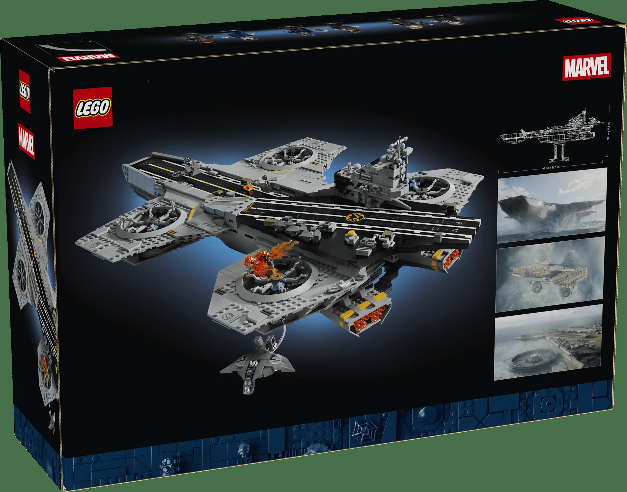 Cutia setului LEGO 76354 S.H.I.E.L.D. Helicarrier prezintă modelul construit și dimensiunile sale.