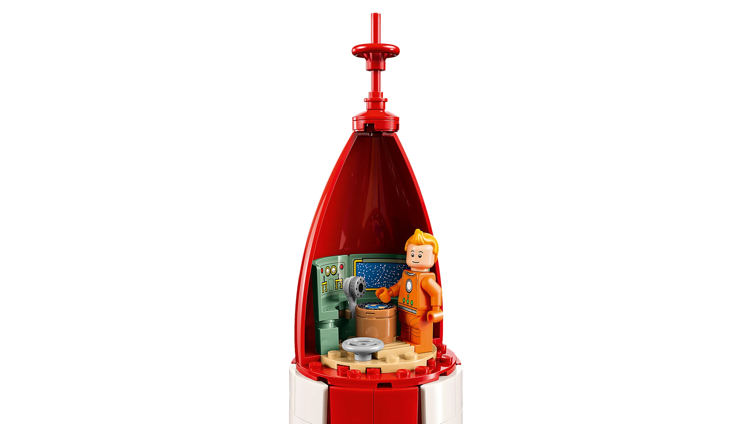 Interiorul rachetei Tintin cu Tintin și panoul de control detaliat.