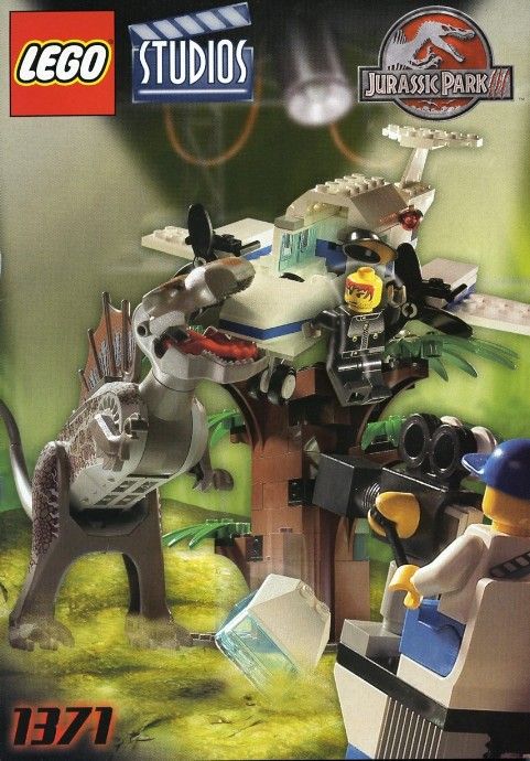 Setul LEGO 1371 Spinosaurus Attack include un dinozaur mare și un avion galben de recunoaștere