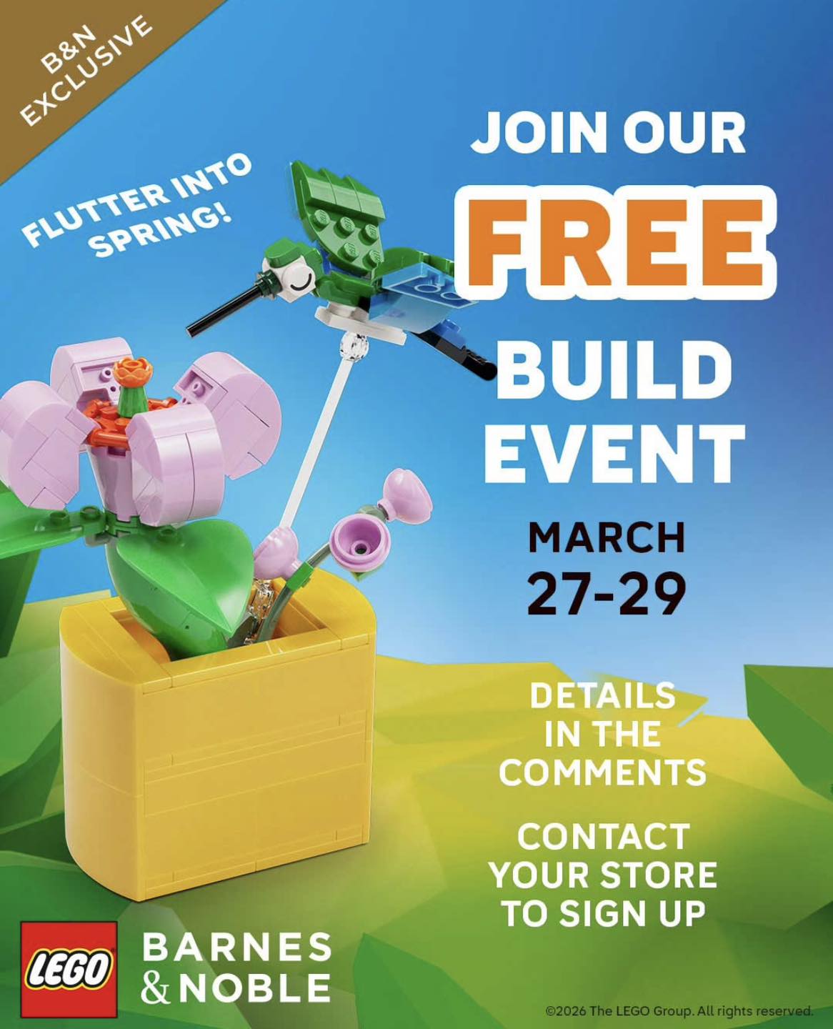 LEGO anunță un nou eveniment gratuit în martie 2026: Construiește propriul model Happy Hummingbird