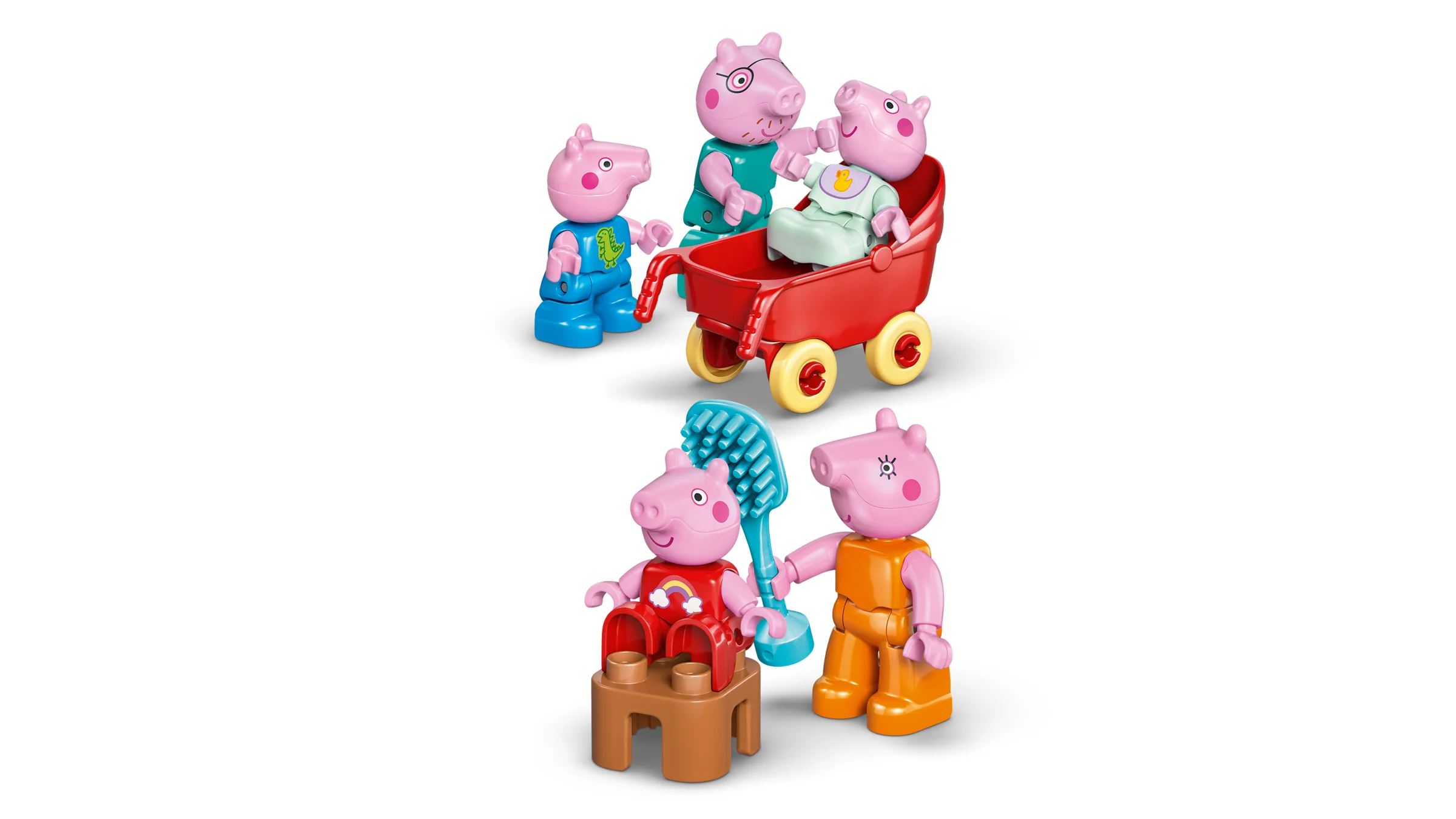 Imagine detaliată cu figurinele Peppa Pig și familia ei, jucând scene de zi cu zi.