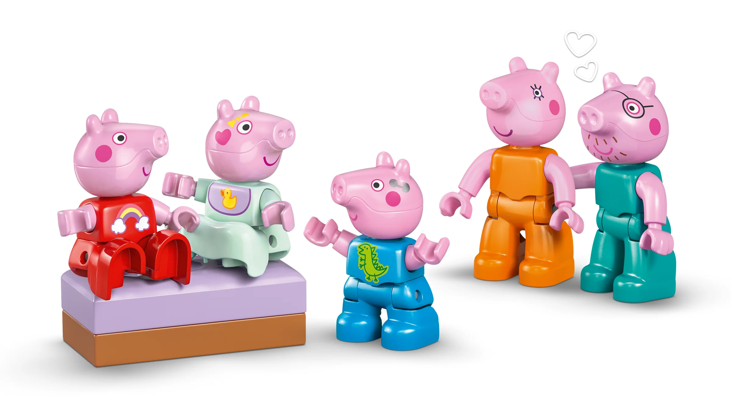 Imagine cu figurinele Peppa Pig și familia ei, construite din cărămizi Duplo. Personaje adorabile, culori vii.