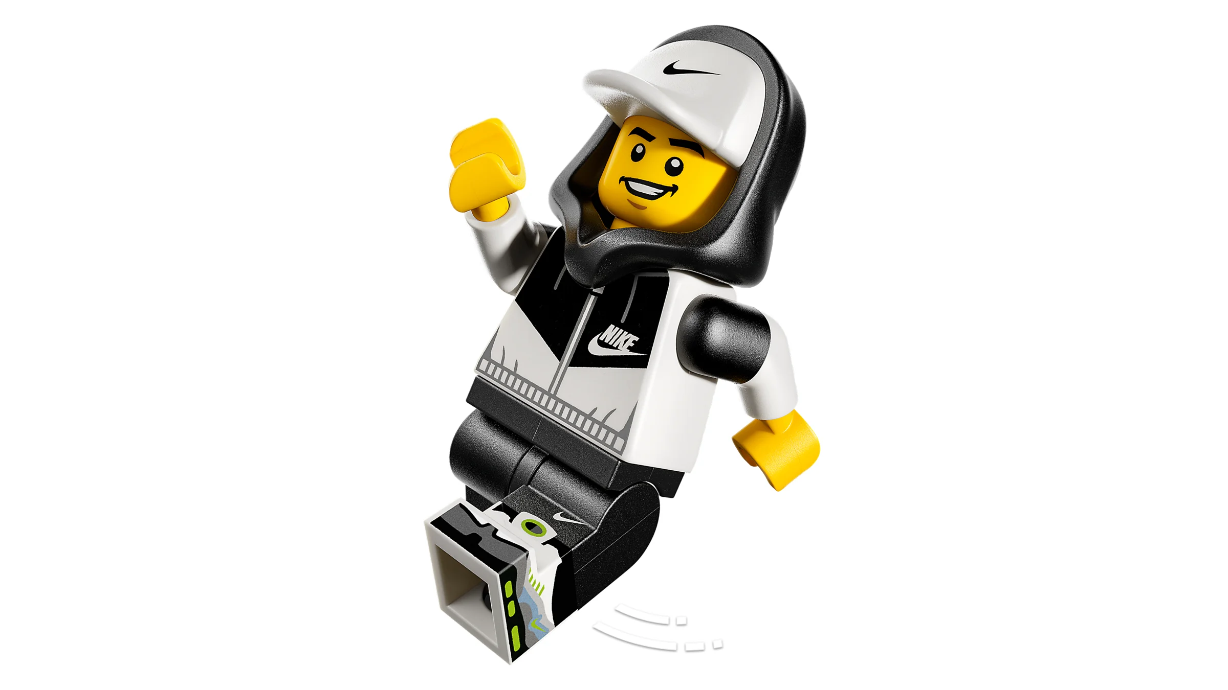 Minifigurină LEGO Nike Air Max 95, cu hanorac și șapcă, detaliată.