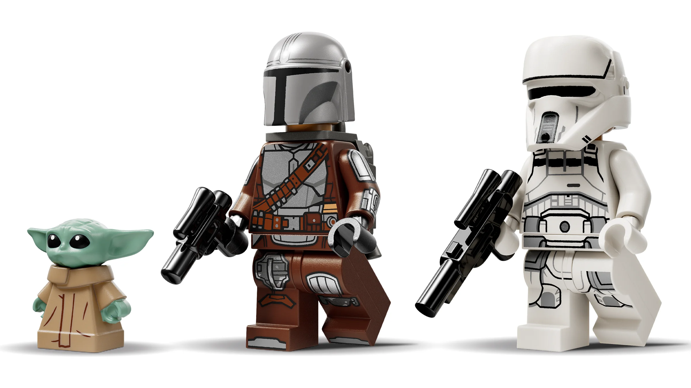 Prezintă minifigurinele LEGO Star Wars: Grogu, Mandalorianul și un Stormtrooper de zăpadă.