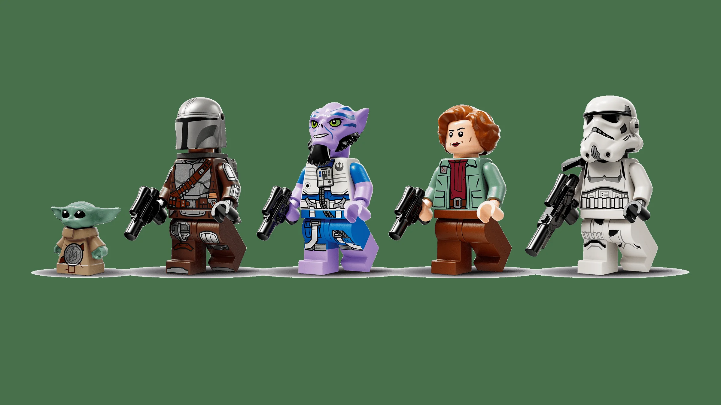 O prezentare a minifigurinelor incluse în setul Razor Crest, ideală pentru fanii Star Wars.
