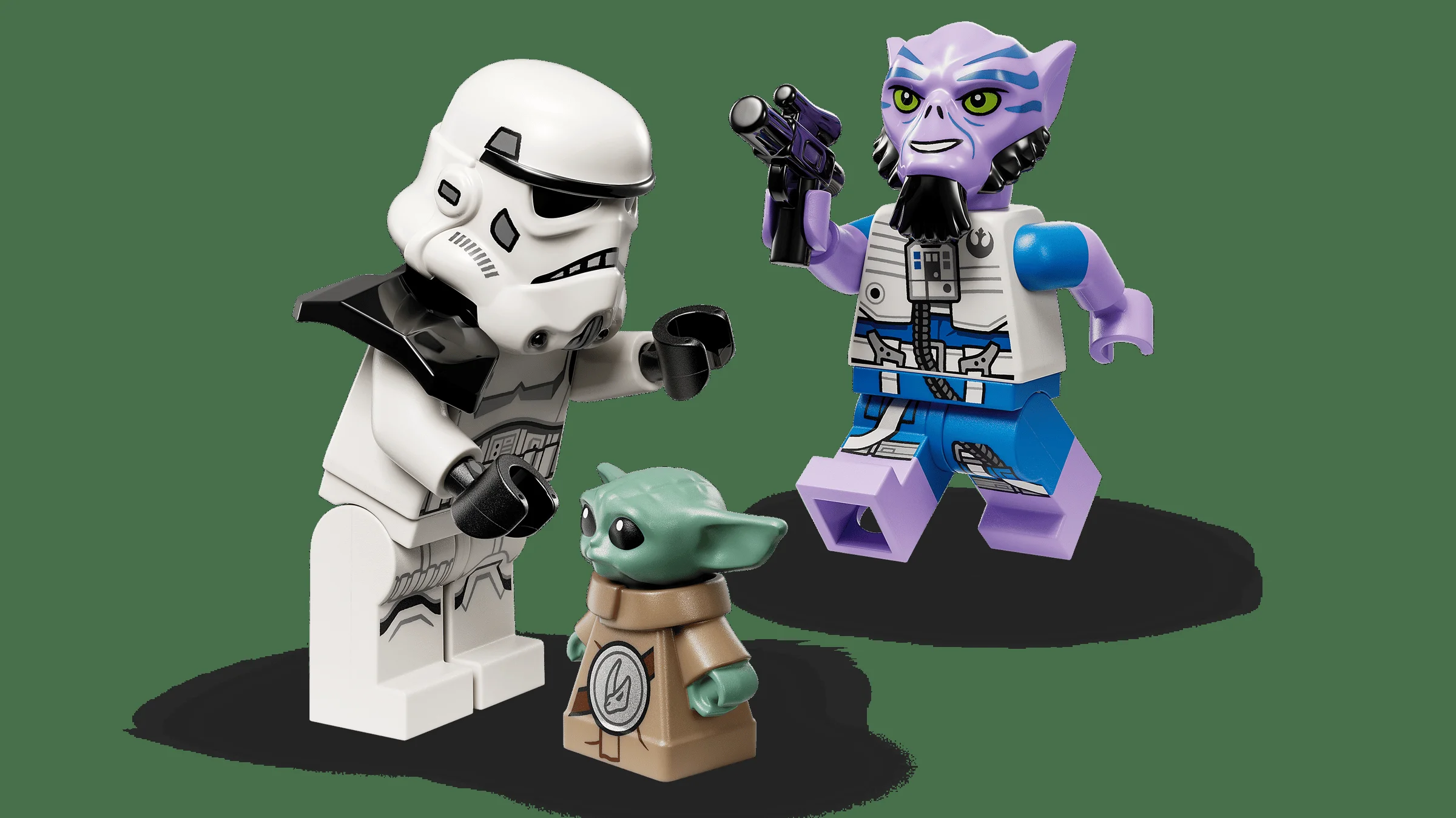 Prim-plan cu minifigurinele: Stormtrooper, Grogu și Greef Karga. Detalii și expresii faciale.