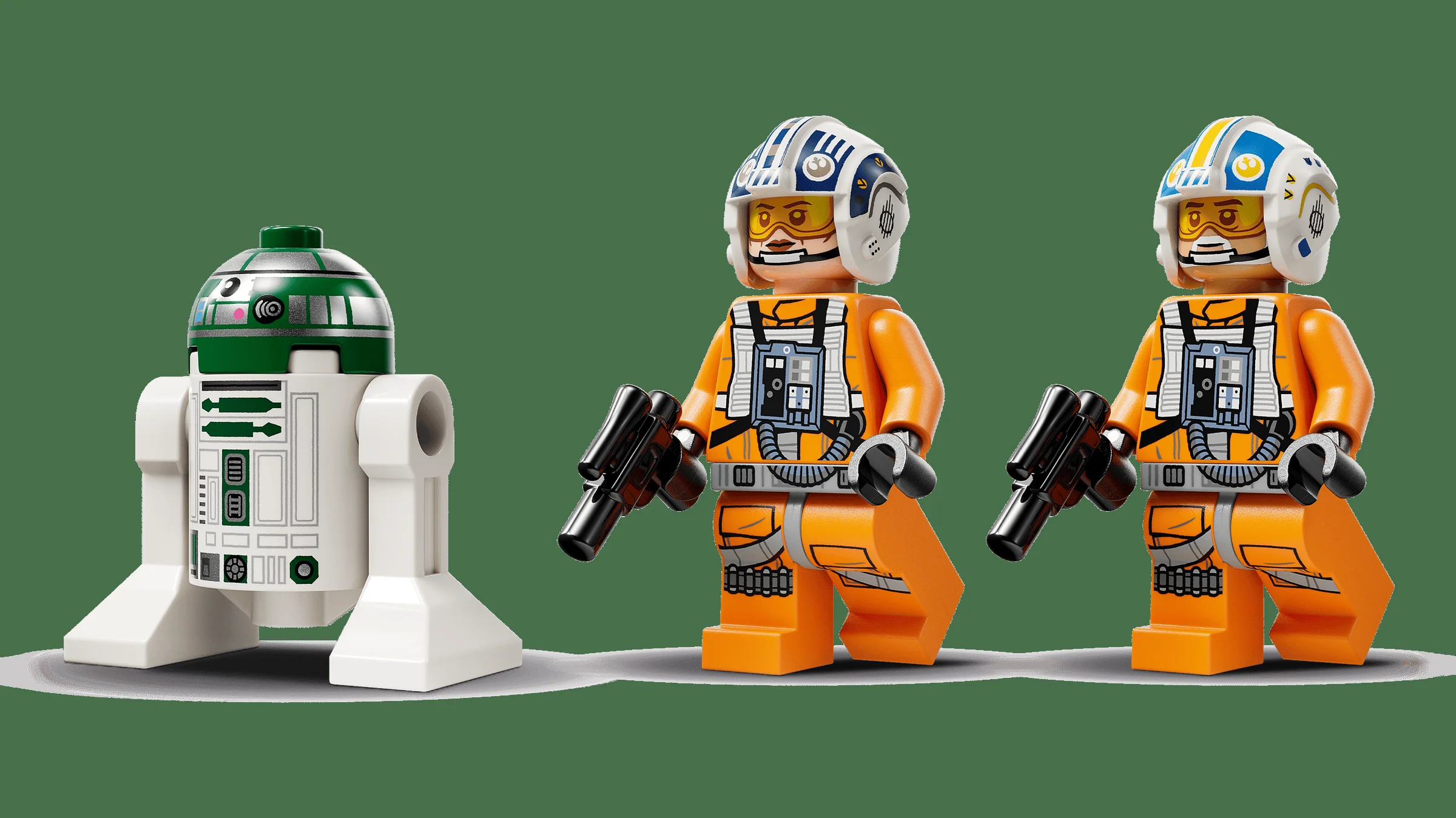 Imagine cu minifigurinele incluse: doi piloți X-wing și droidul R2-D2 verde.