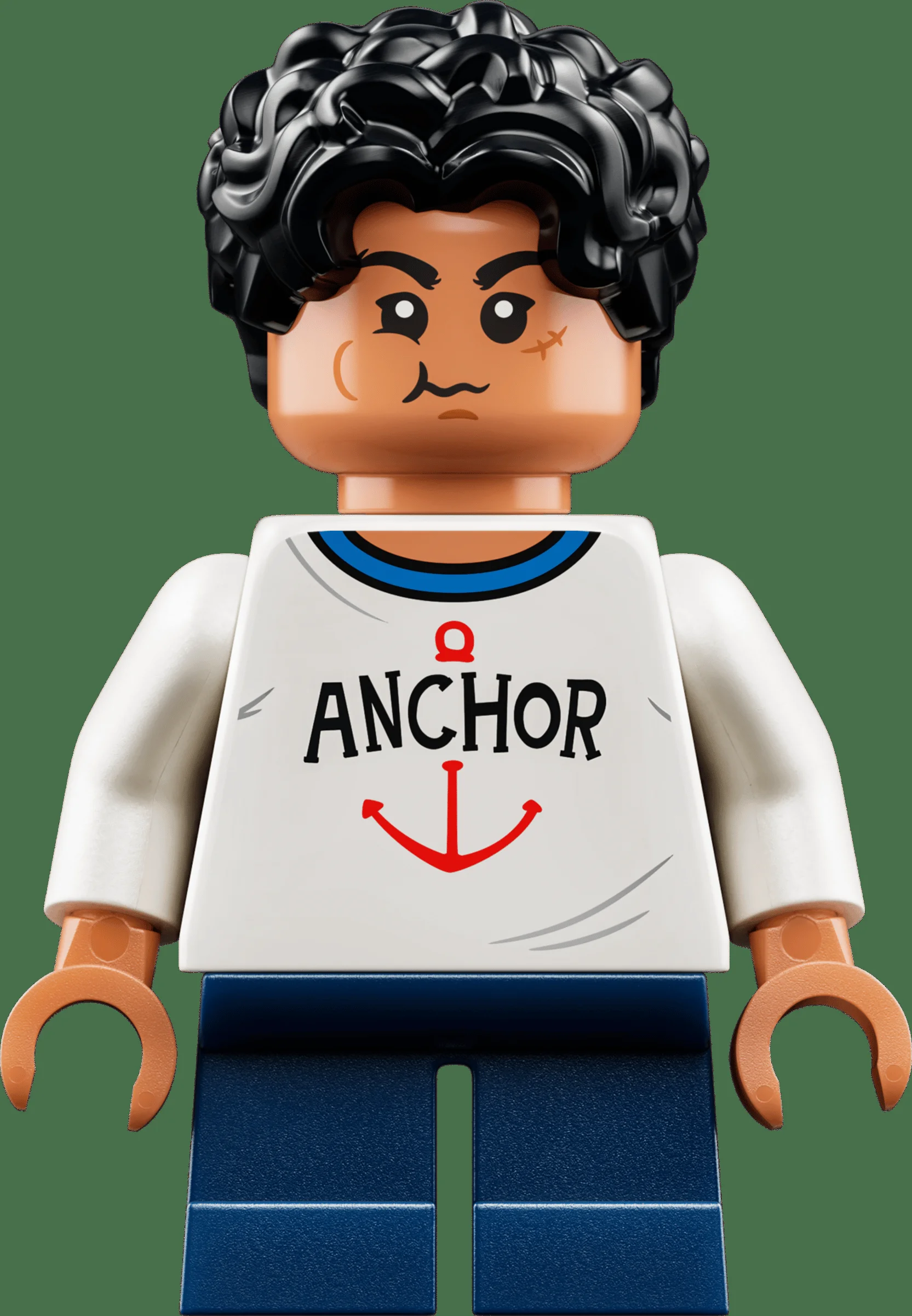 Prim-plan cu minifigurina Luffy (copil) din setul LEGO One Piece. Detalii clare și realiste.