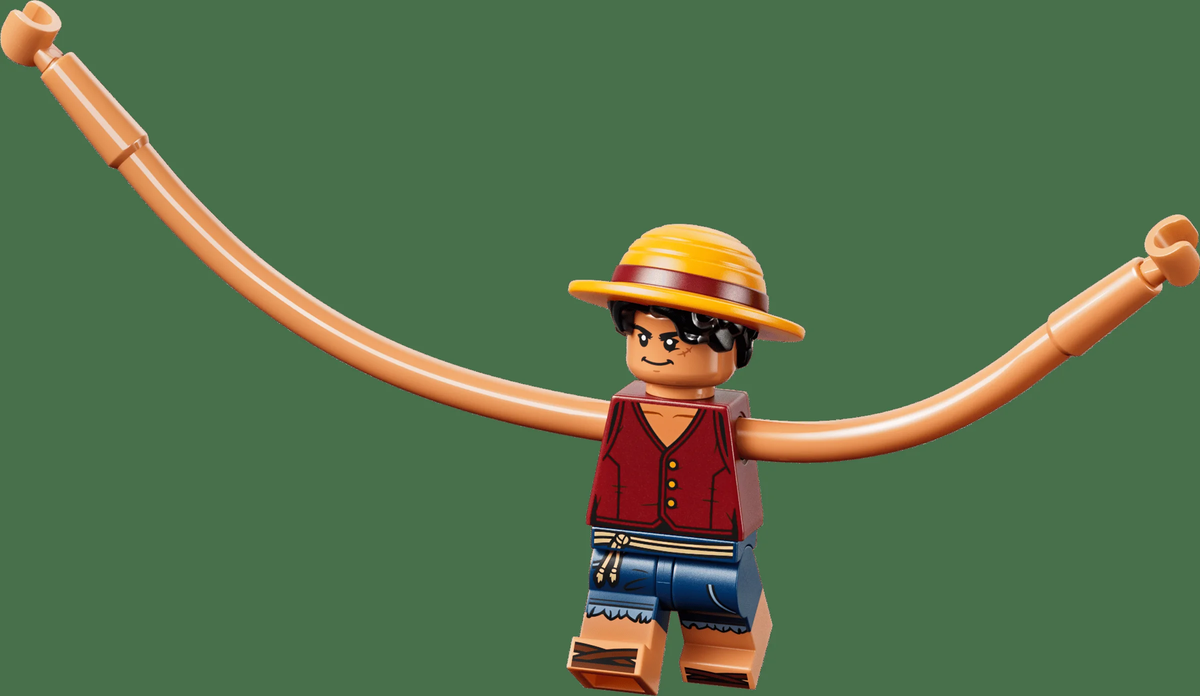 Prim plan cu minifigurina LEGO Luffy extinzându-și brațele din cauciuc.