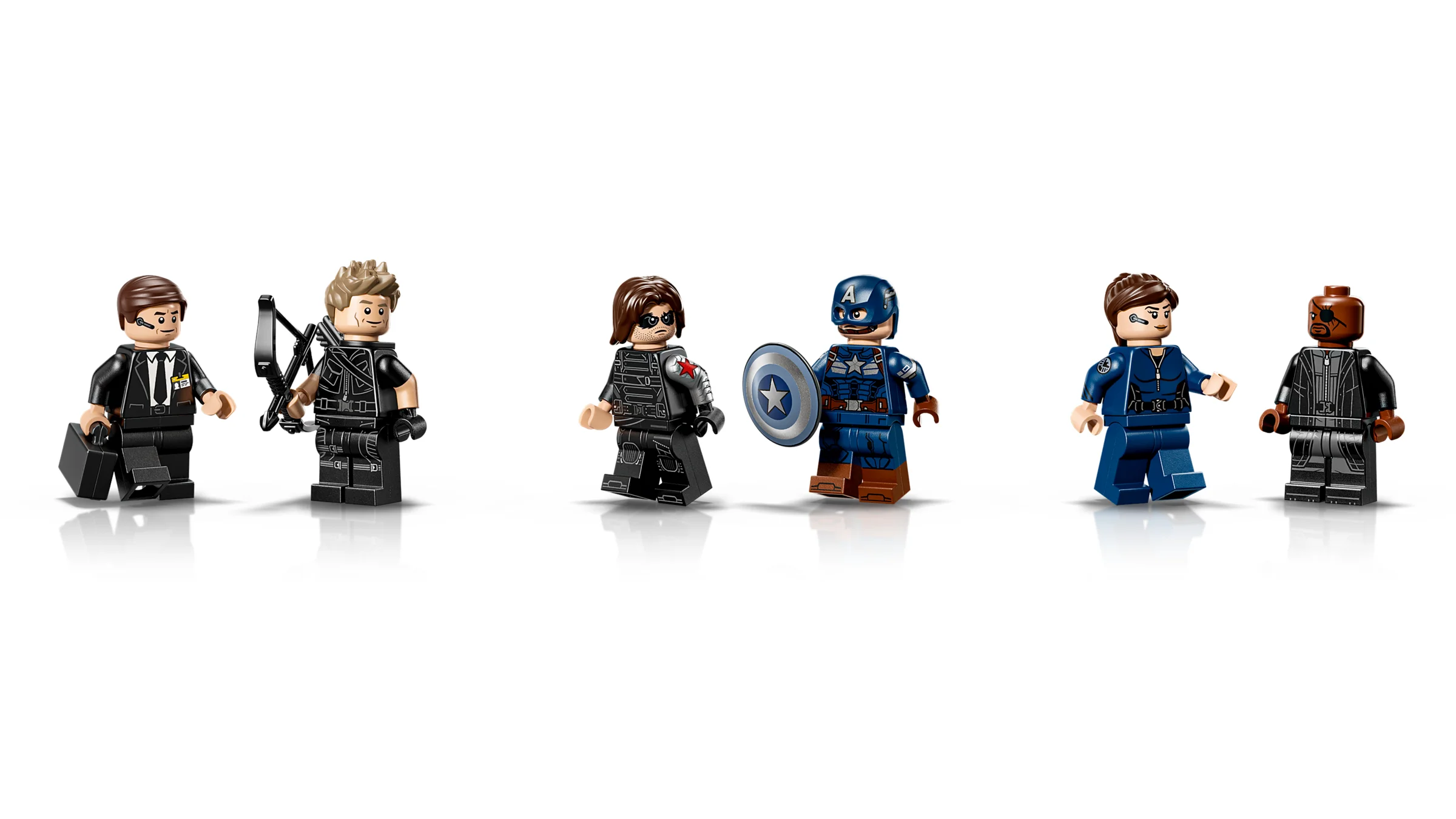 Mini-figurinele LEGO S.H.I.E.L.D. Helicarrier: Agent, Hawkeye, Bucky, Captain America, Maria Hill, Nick Fury.