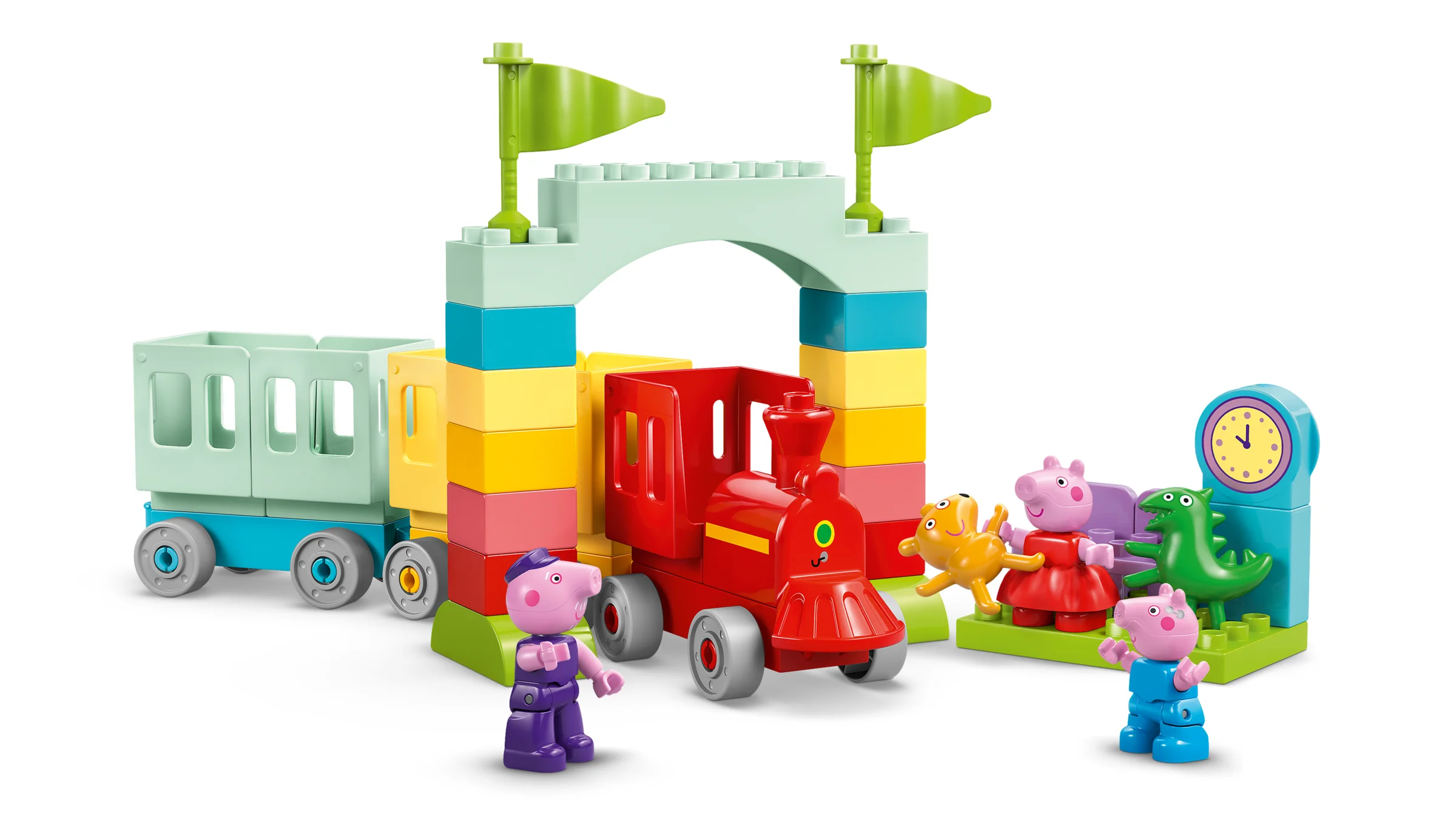 Imagine cu setul LEGO Duplo 10466, Trenulețul cu Bunicul Porc, arătând trenul, șina și figurinele.