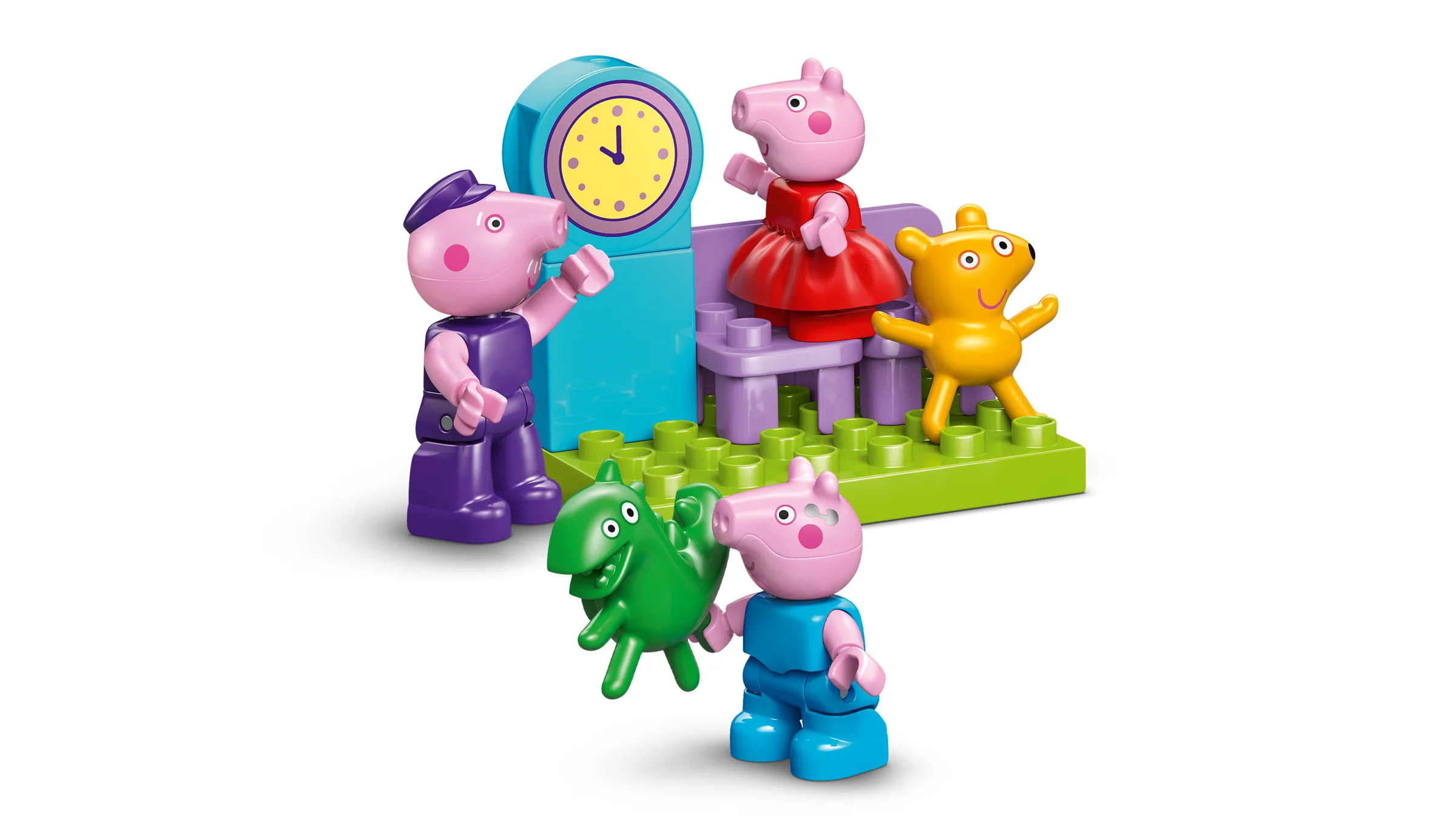 Imagine cu setul LEGO Duplo 10466: Trenulețul cu Bunicul Porc. Include minifigurine și o scenă cu ceas.