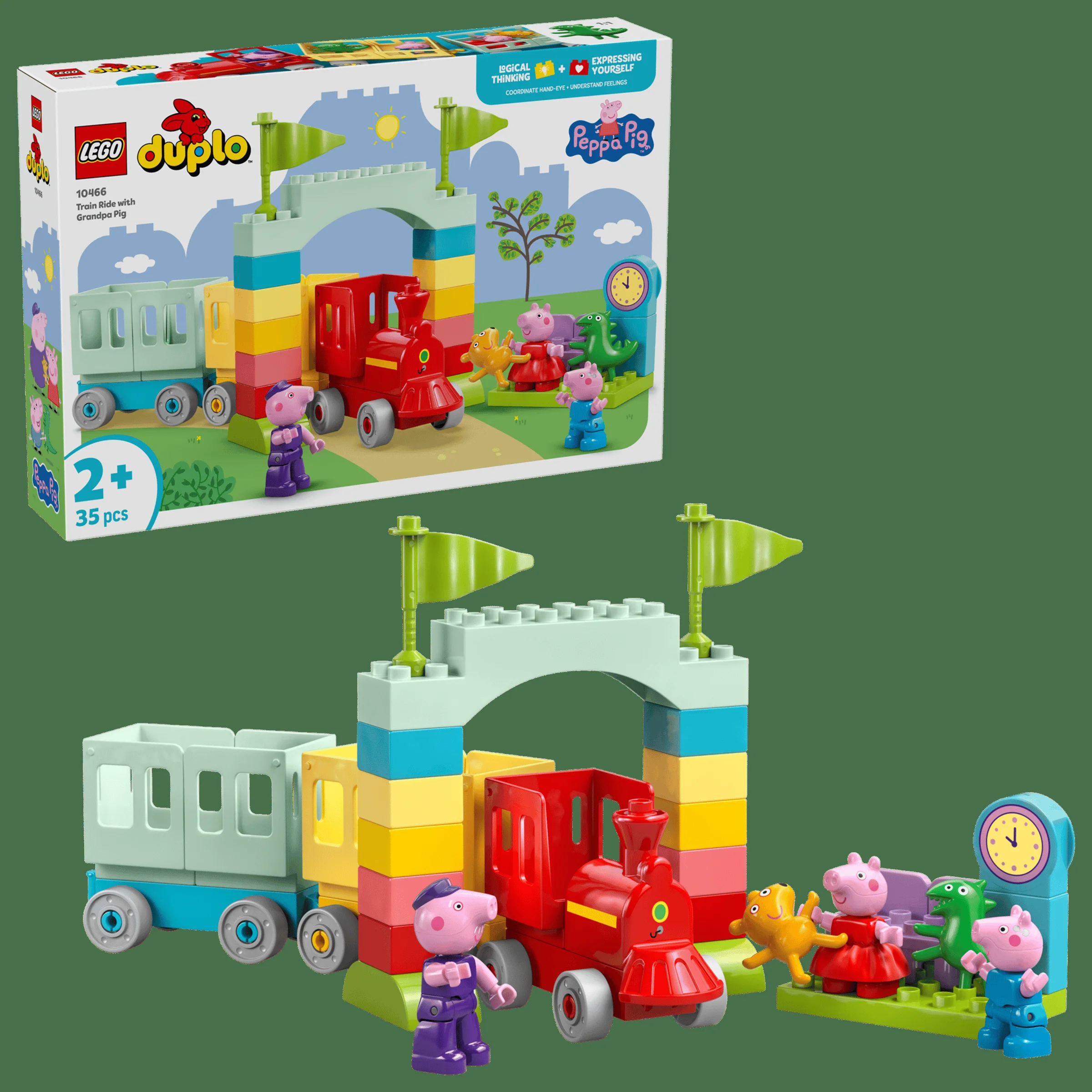 Imagine cu setul LEGO Duplo 10466 Trenulețul cu Bunicul Porc, prezentând trenul și figurinele.