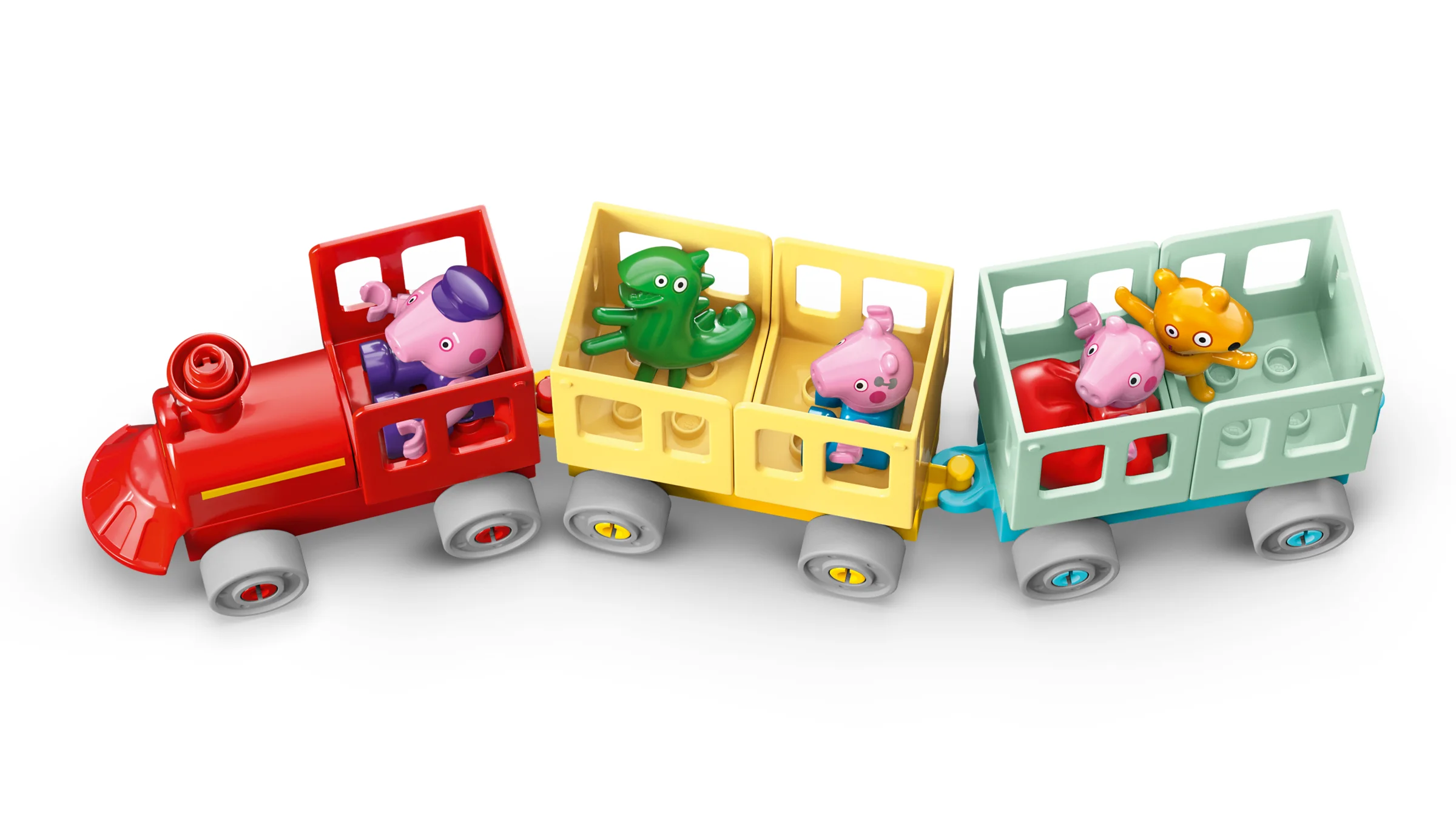 Trenul Duplo cu personaje Peppa Pig: Bunicul Pig, Peppa, George și dinozaurul. Colorat și atractiv.