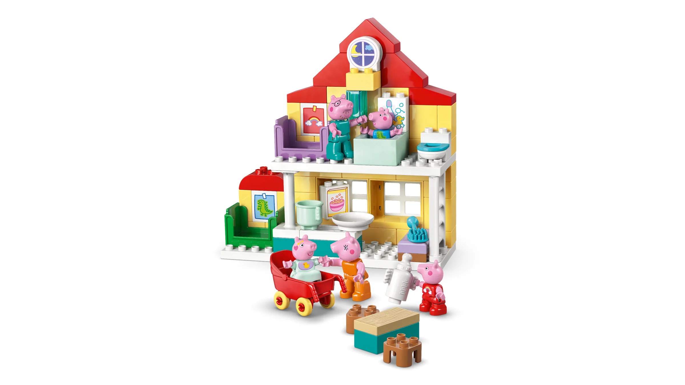 Imagine cu casa familială Duplo 10467, cu figurinele Peppa Pig și accesorii.