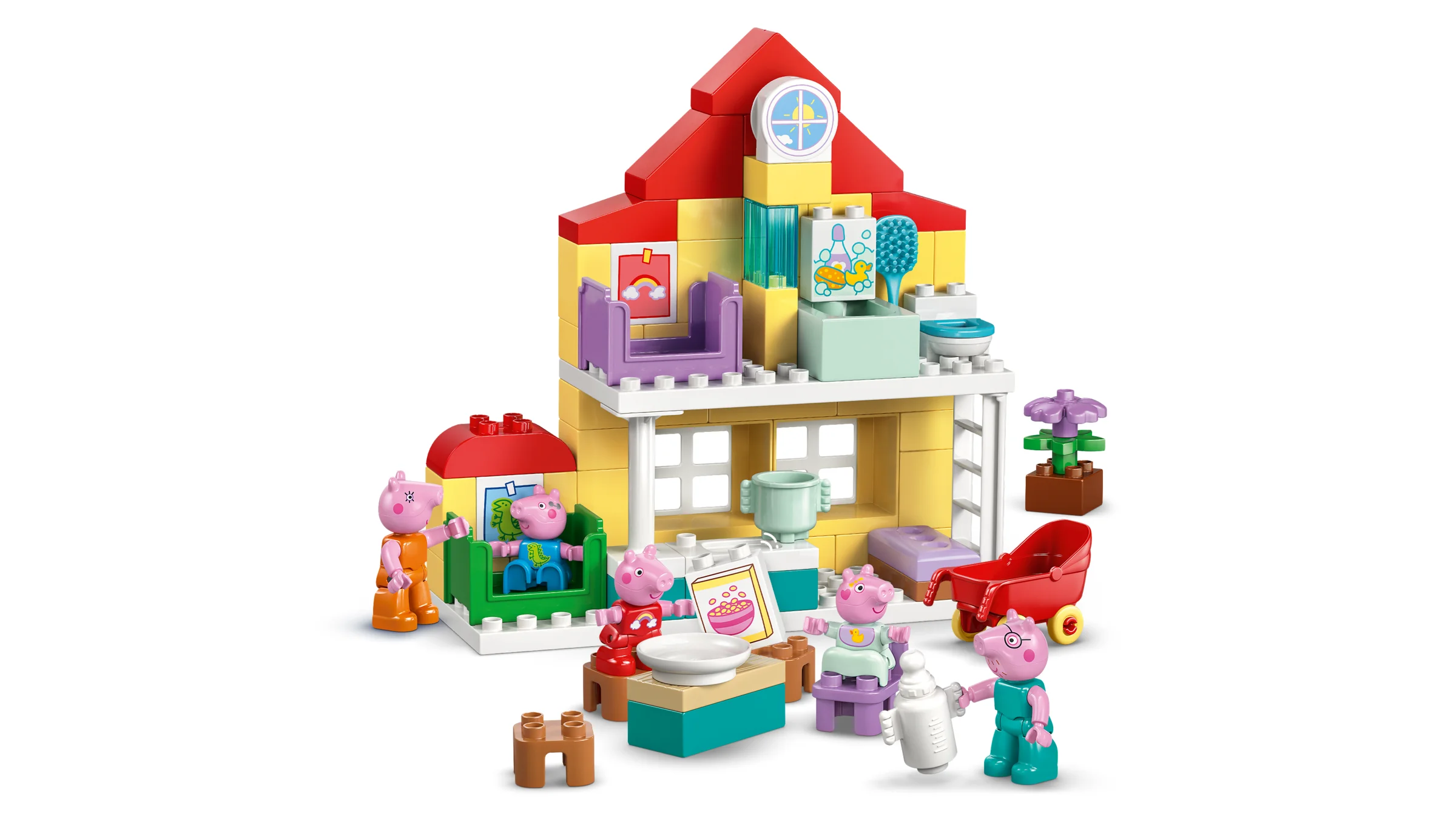 Imagine cu setul LEGO Duplo 10467, „Casa Familiei”, cu minifigurinele Peppa Pig și familia ei.