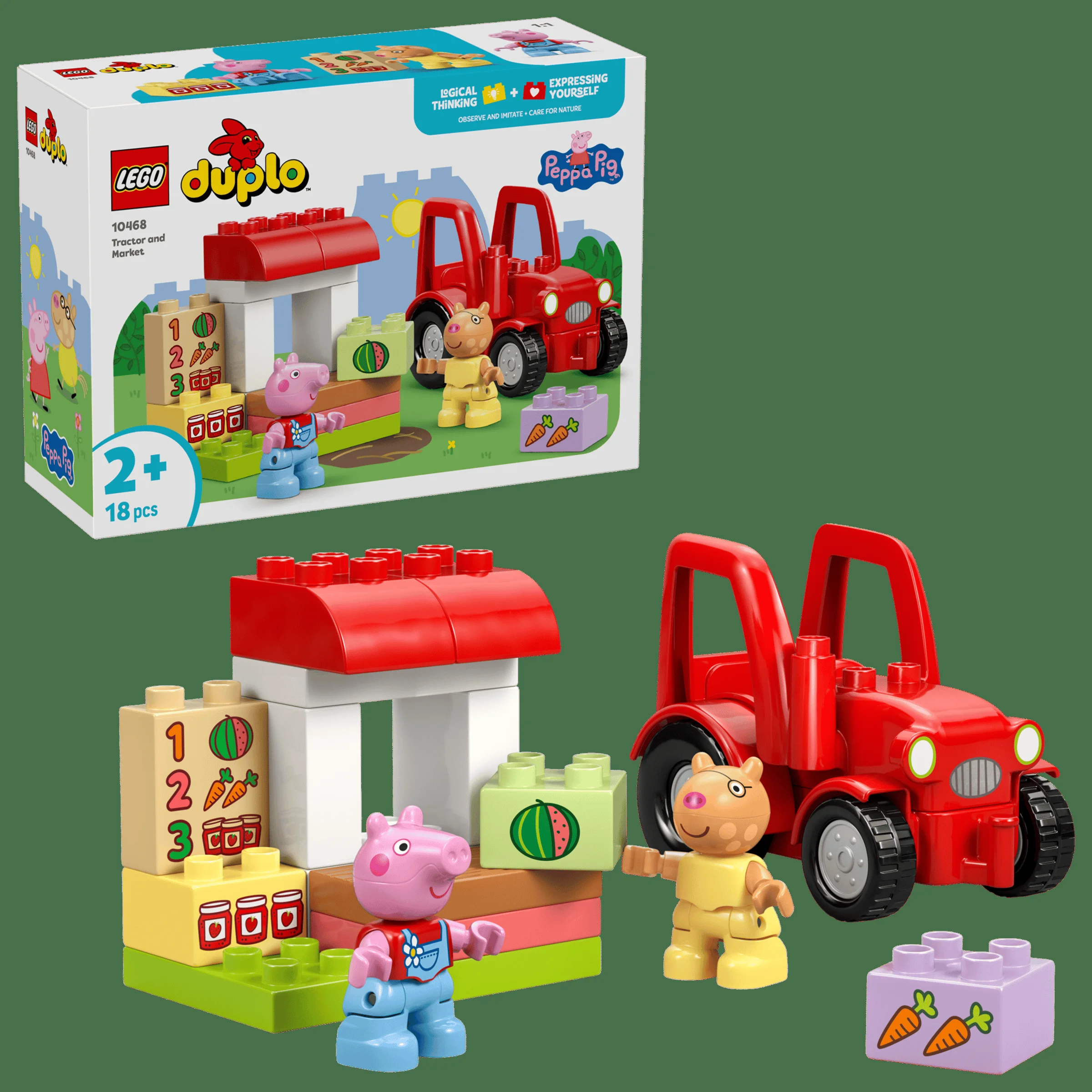 Imagine detaliată a setului LEGO Duplo 10468 Tractor și Piață, cu tractor, stand și minifigurine Peppa Pig.