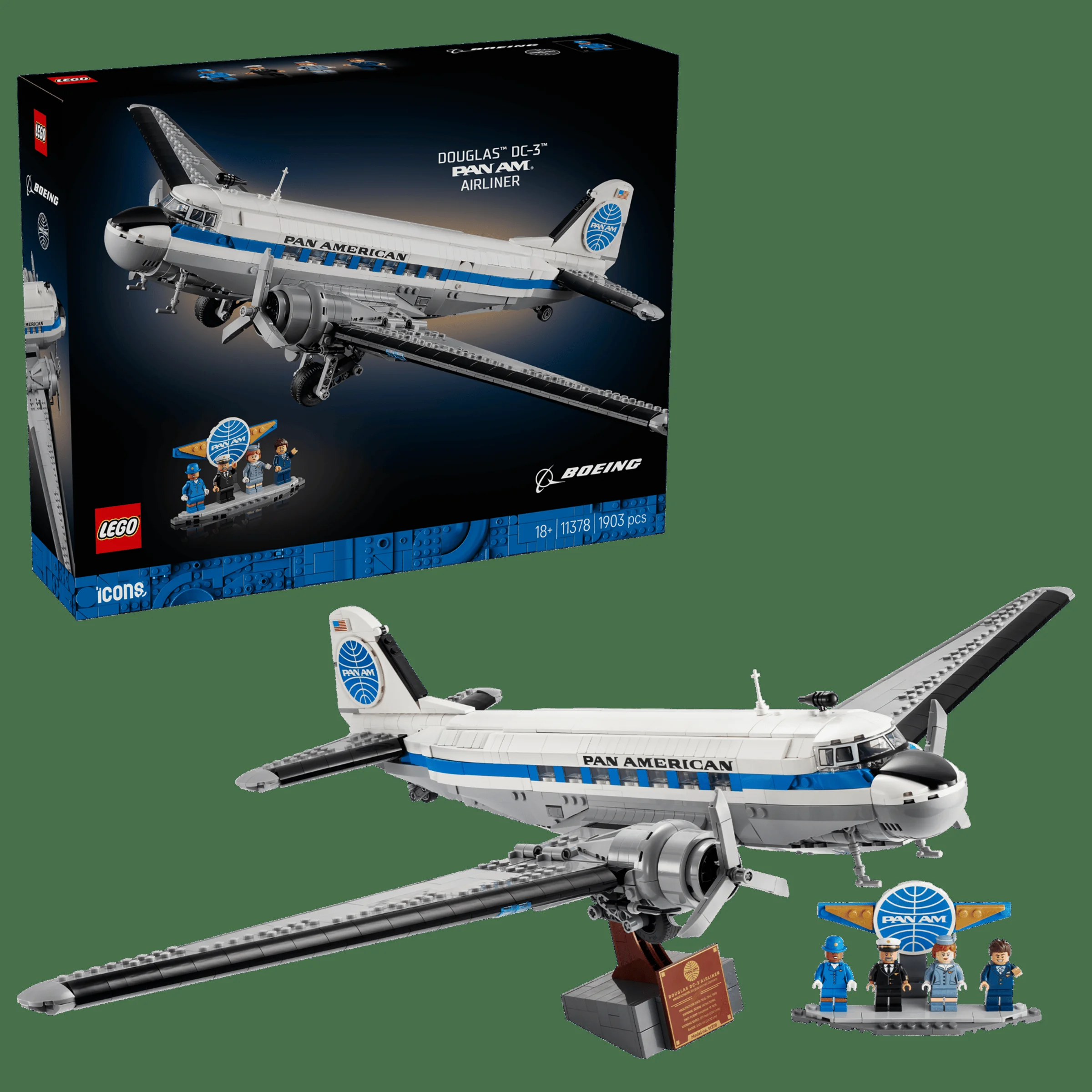 Imagine cu setul LEGO 11378, avionul Douglas DC-3 PAN AM. Include cutia, modelul și minifigurine.