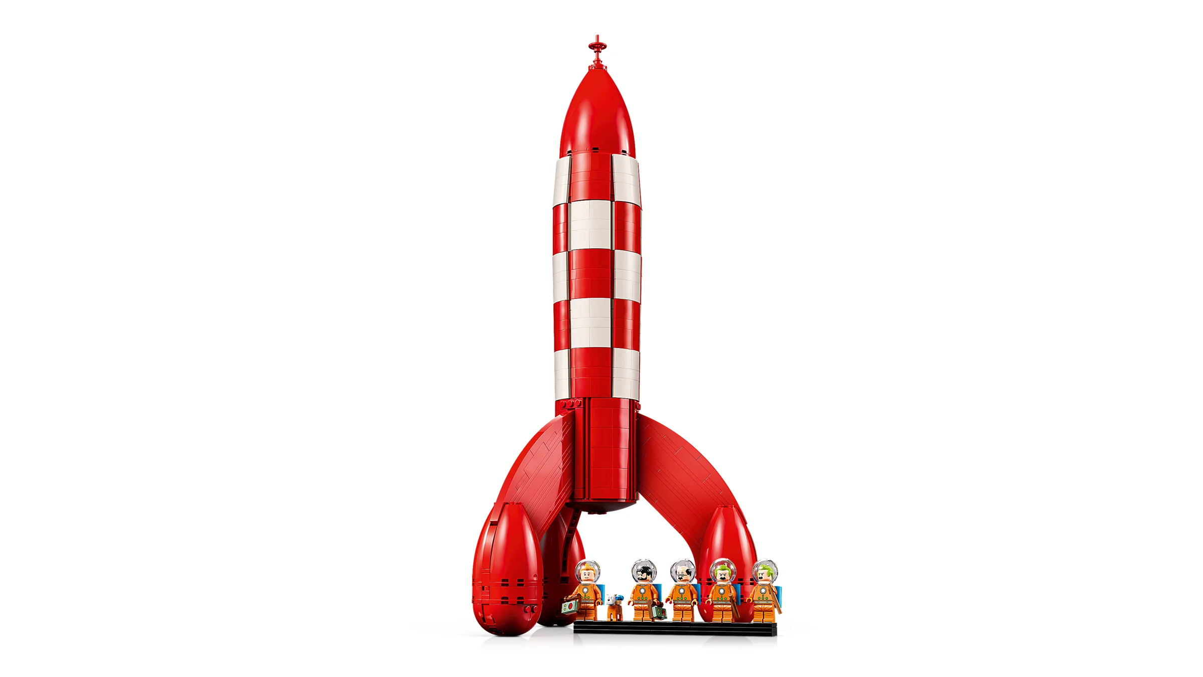 Imagine completă cu racheta Tintin și minifigurinele aferente. Model detaliat, culori vibrante.