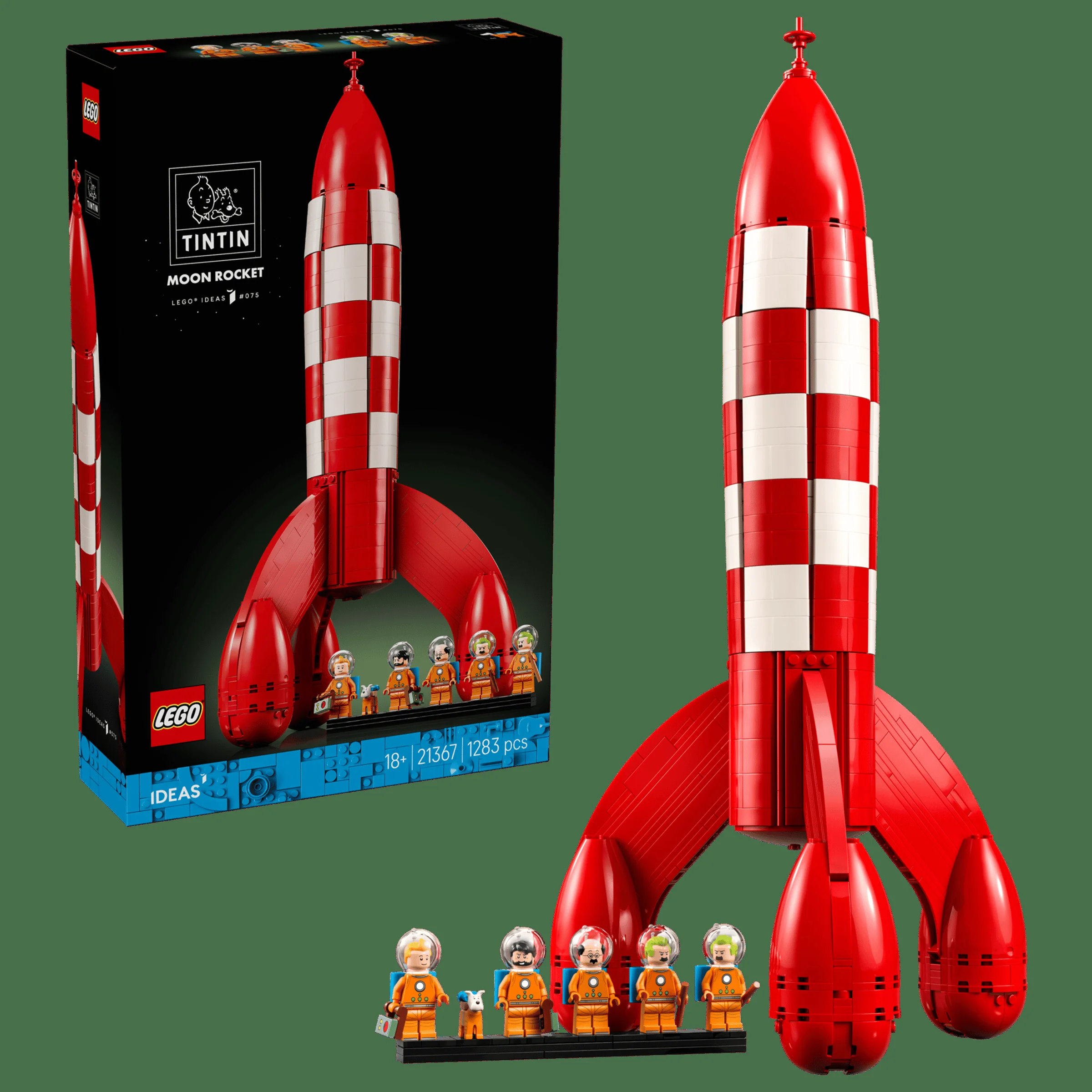 Imagine cu racheta Tintin, setul LEGO Ideas 21367, alături de cutia produsului. Model detaliat, roșu și alb.