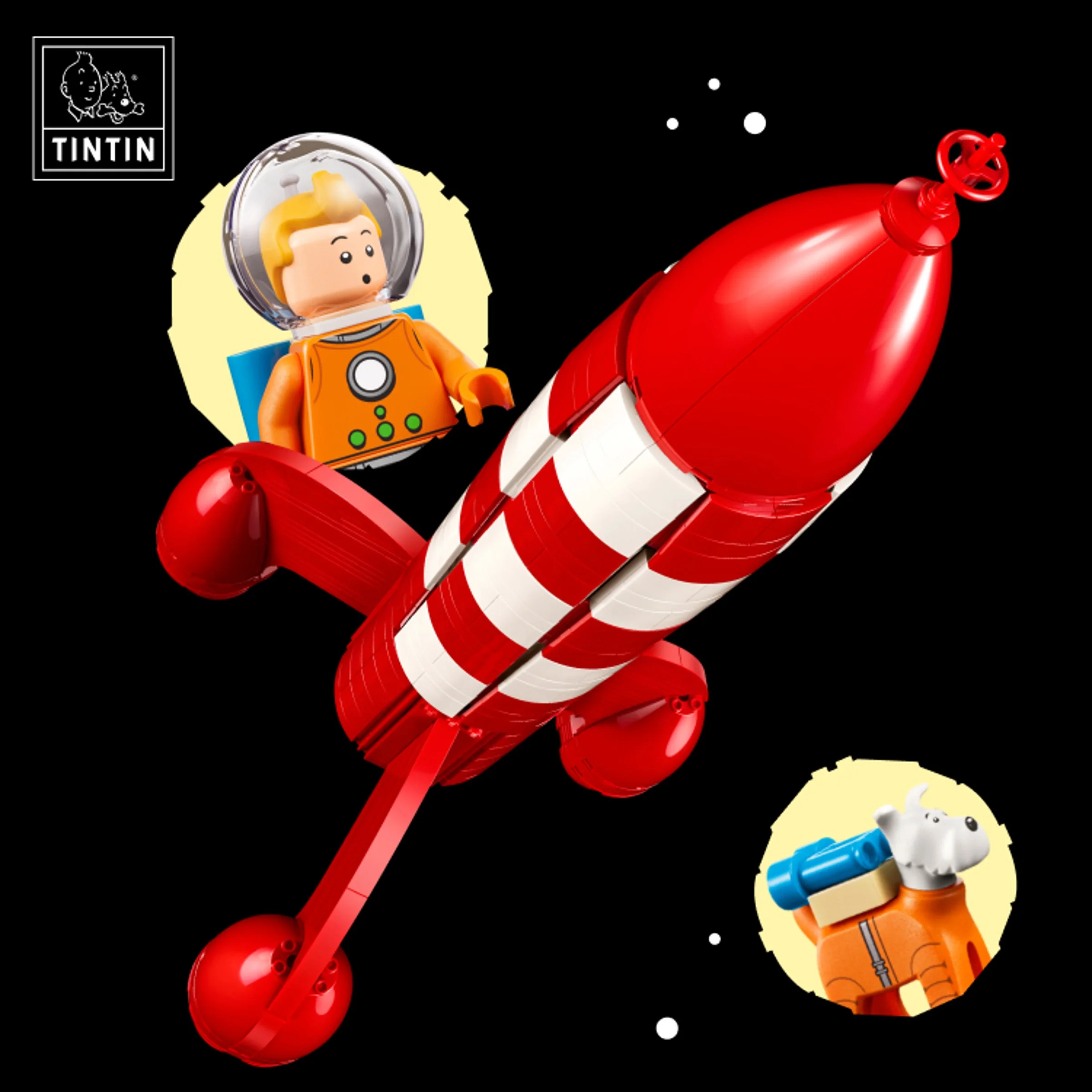 Rachetă Tintin spre Lună, detaliată, cu minifigurinele Tintin și Milou. O aventură spațială captivantă!