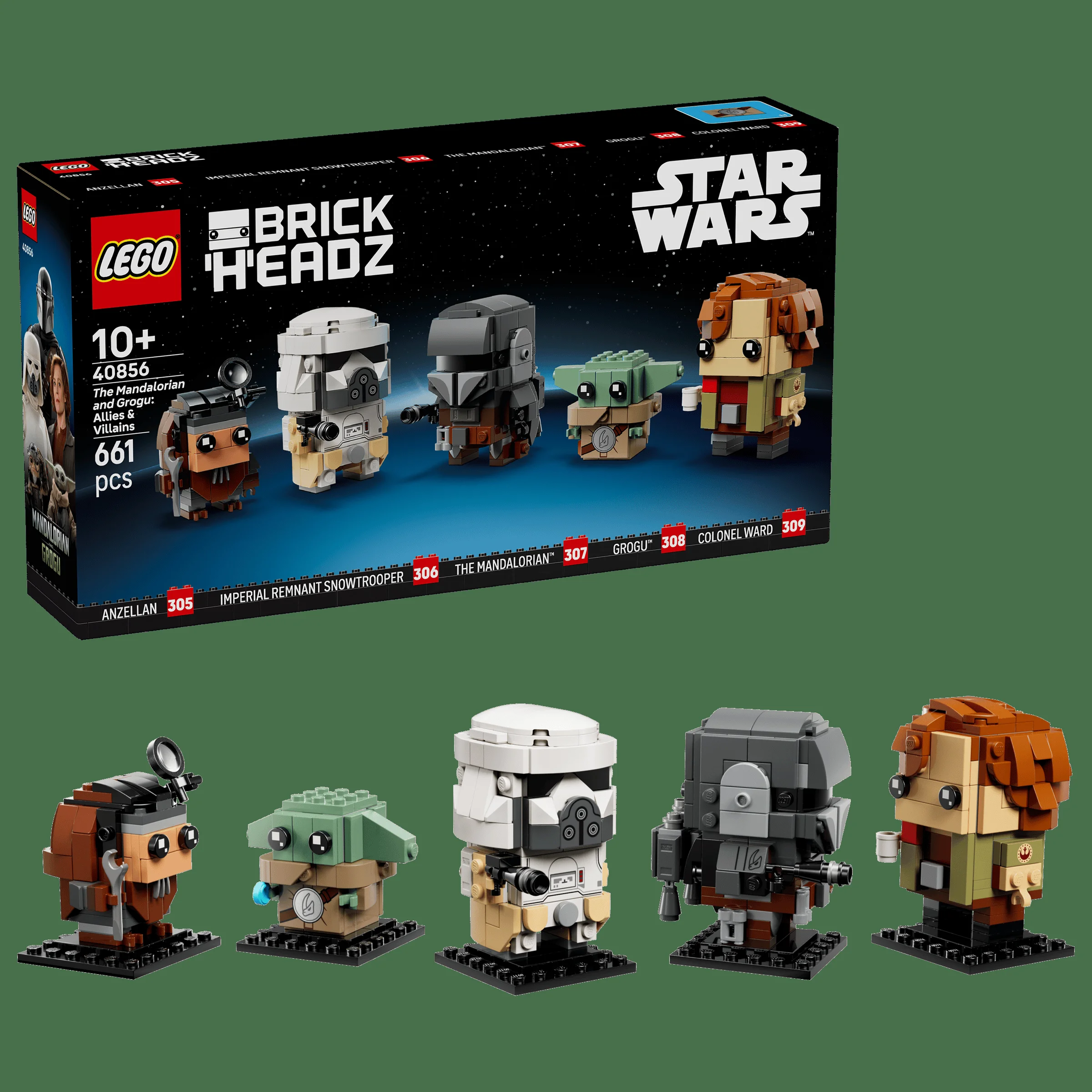 Imagine cu setul LEGO 40856 BrickHeadz Mandalorian și Grogu, cu aliați și răufăcători.
