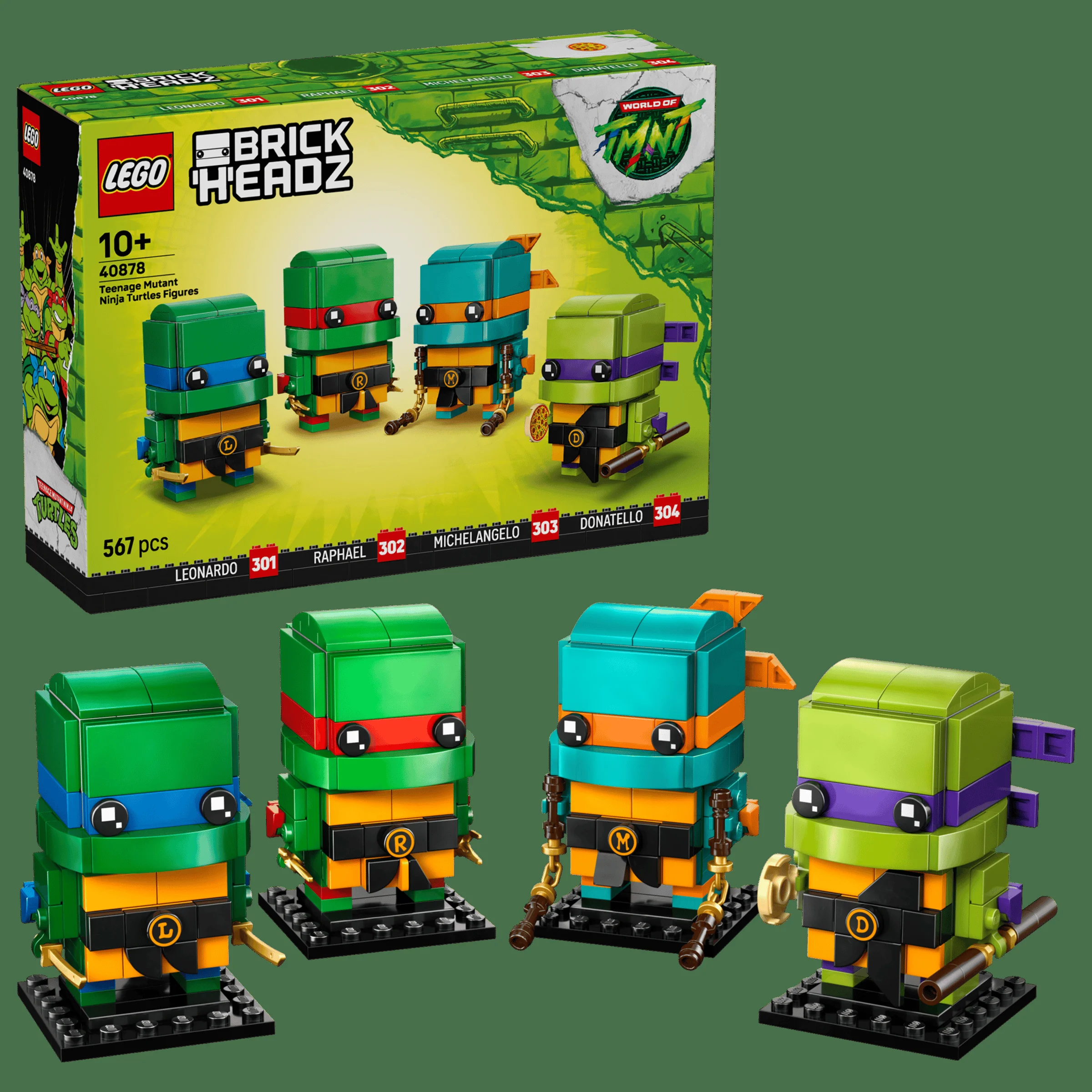 Imagine cu setul LEGO 40878 BrickHeadz Broscuțe Ninja, incluzând cutia și figurinele asamblate.