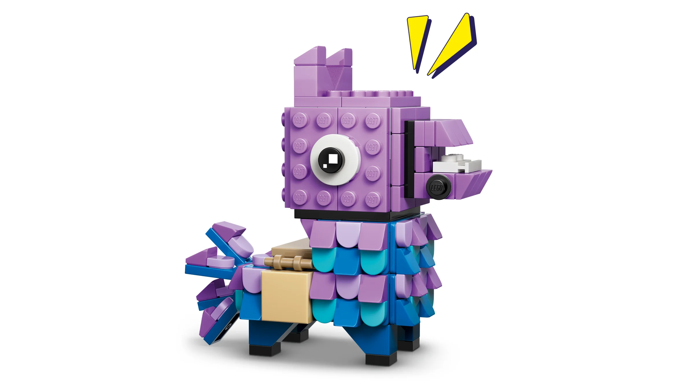 Llama din cărămizi LEGO, culori vii, violet și albastru, cu detalii amuzante.