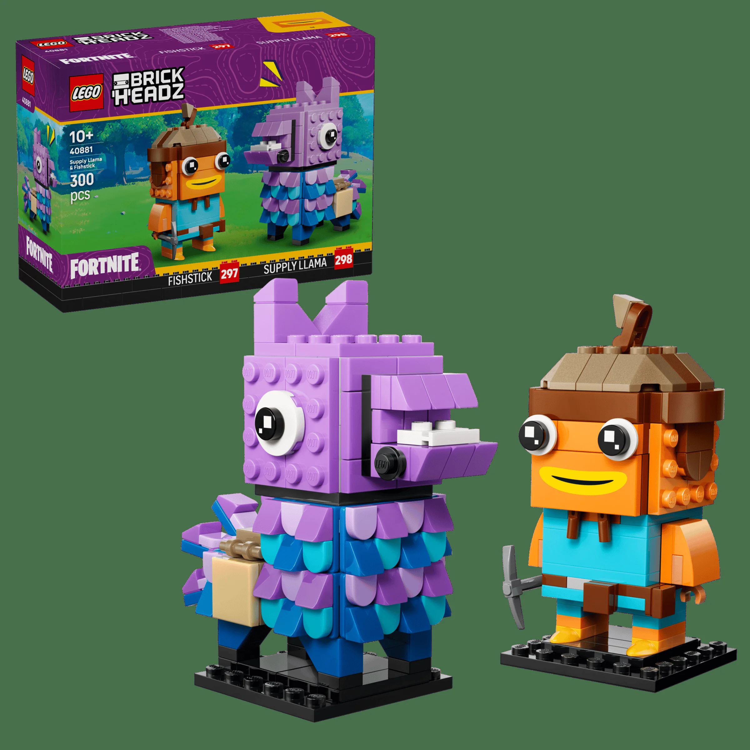 Prezentare detaliată a setului LEGO 40881, cu Llama și Fishstick, în stil BrickHeadz.