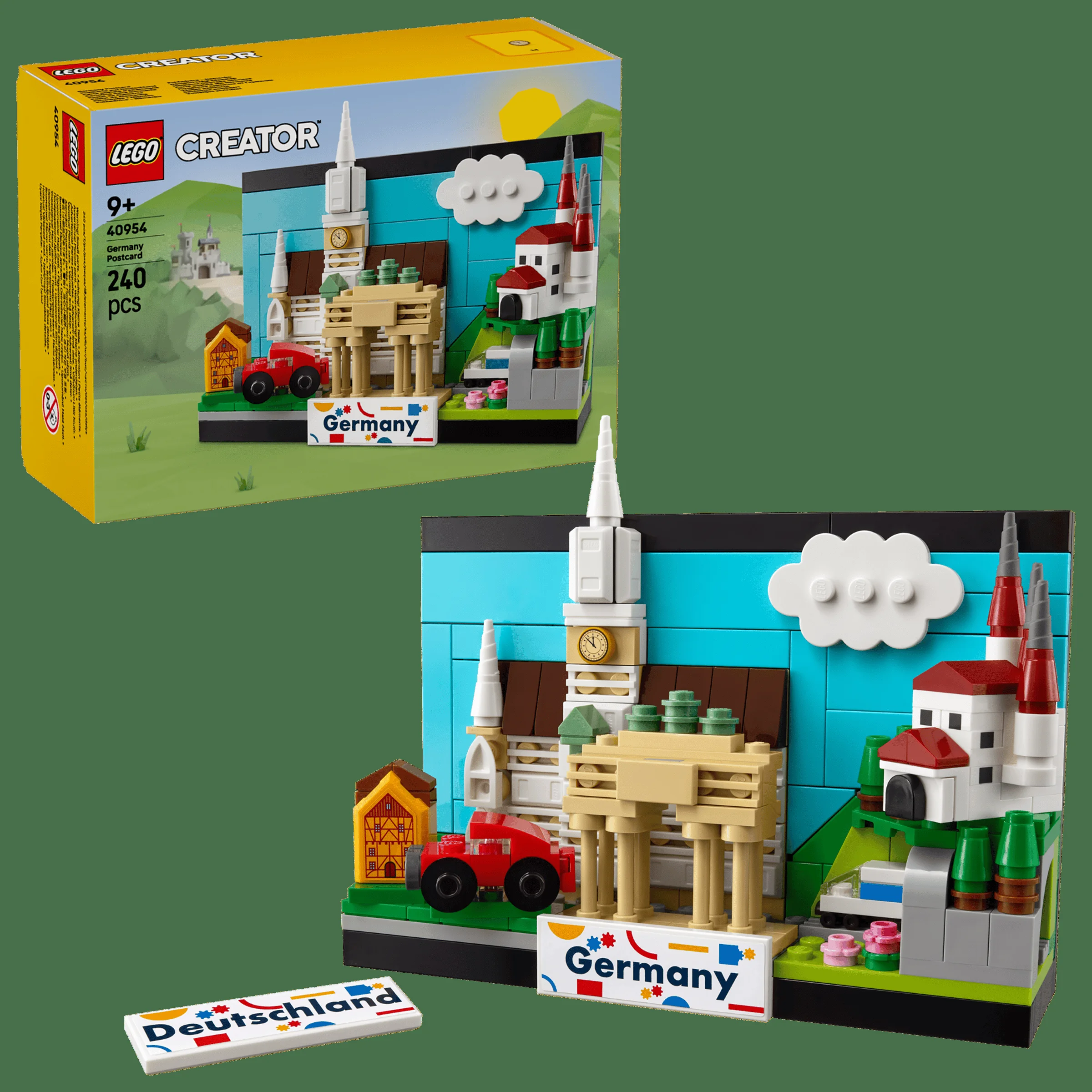 Imagine cu setul LEGO 40954, o vedere detaliată a modelului finalizat și a cutiei.