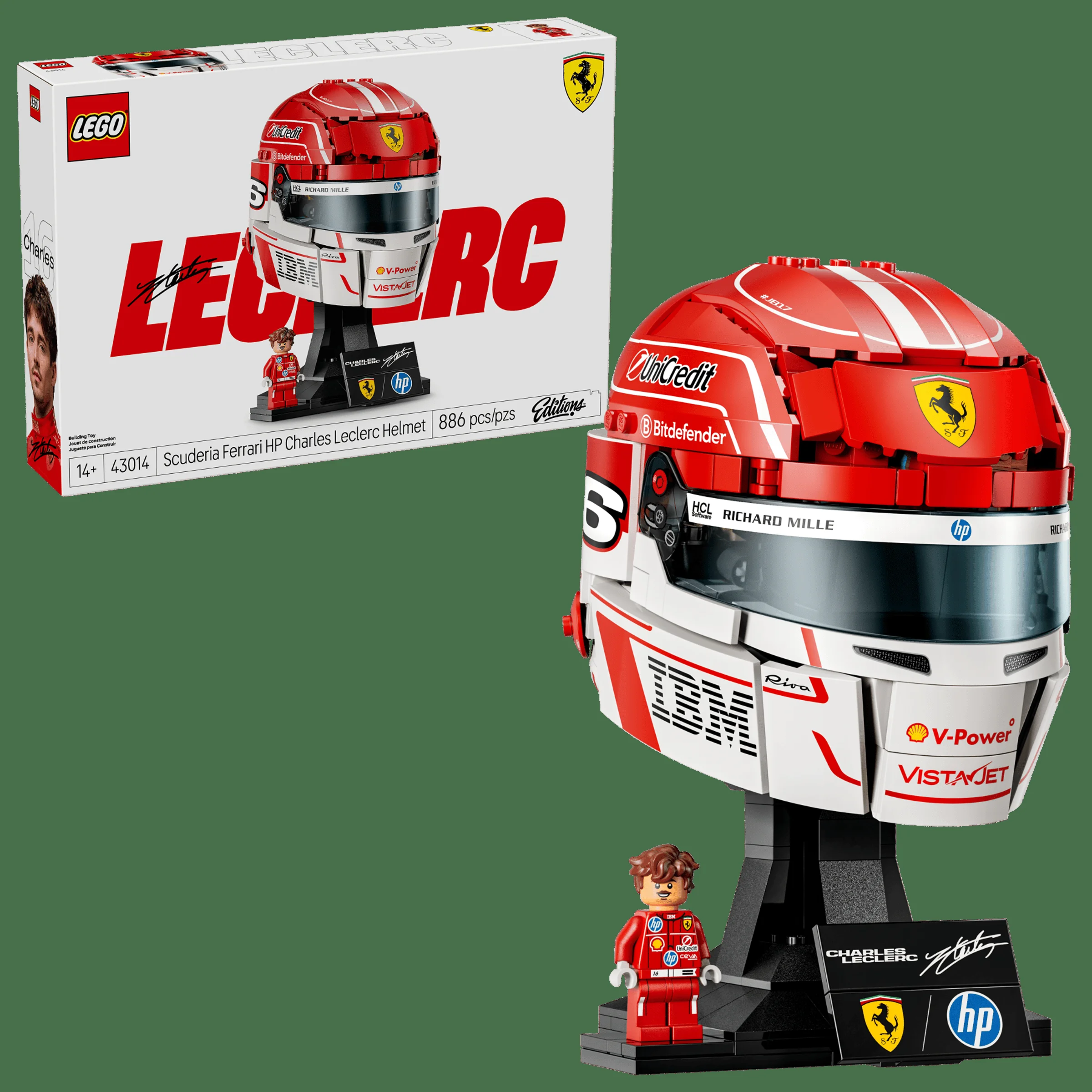 Imagine cu casca Ferrari HP Charles Leclerc și cutia. Produsul este detaliat și atractiv.