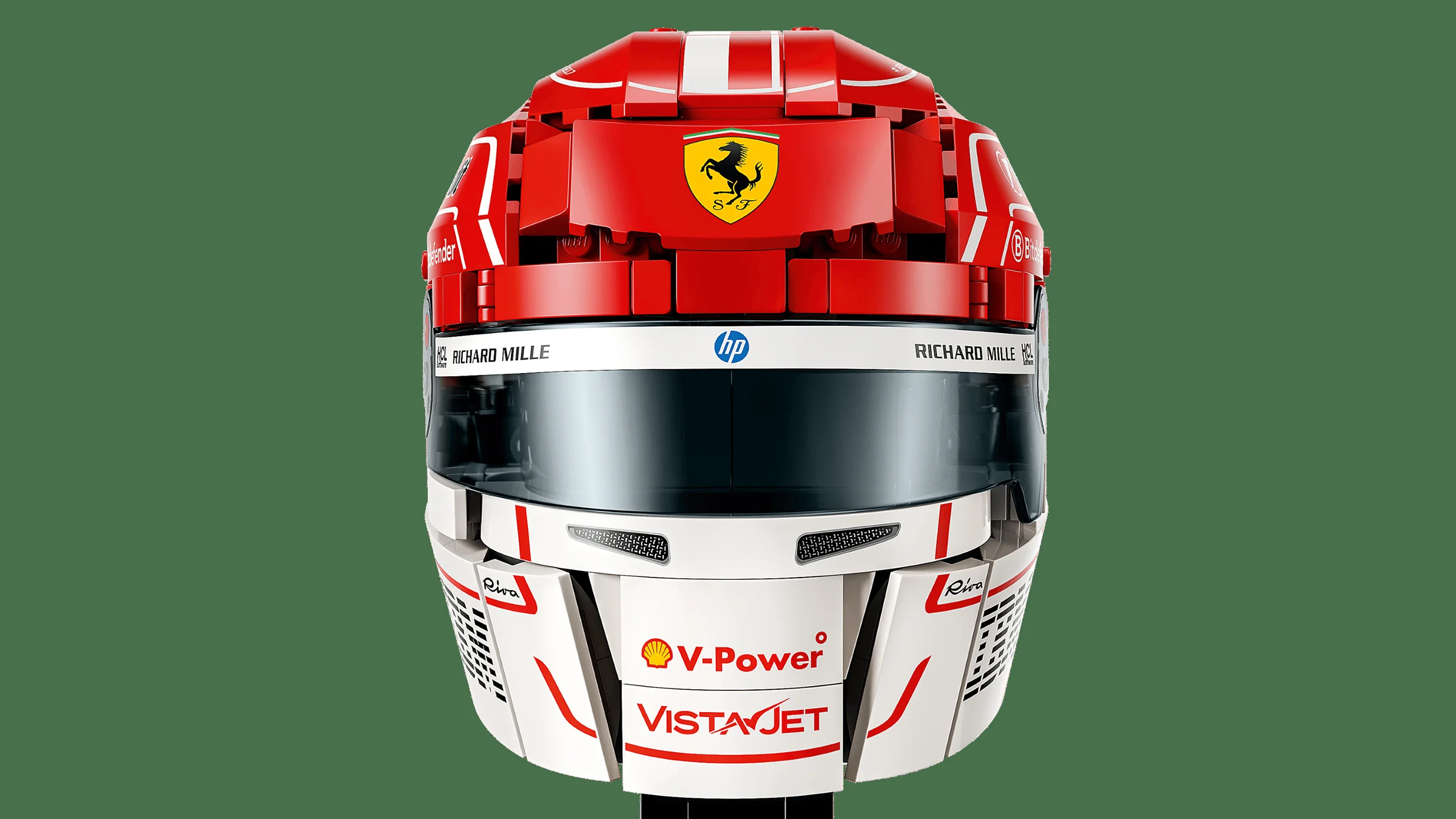 Modelul LEGO al căștii lui Charles Leclerc, cu detalii precise și logo-uri.
