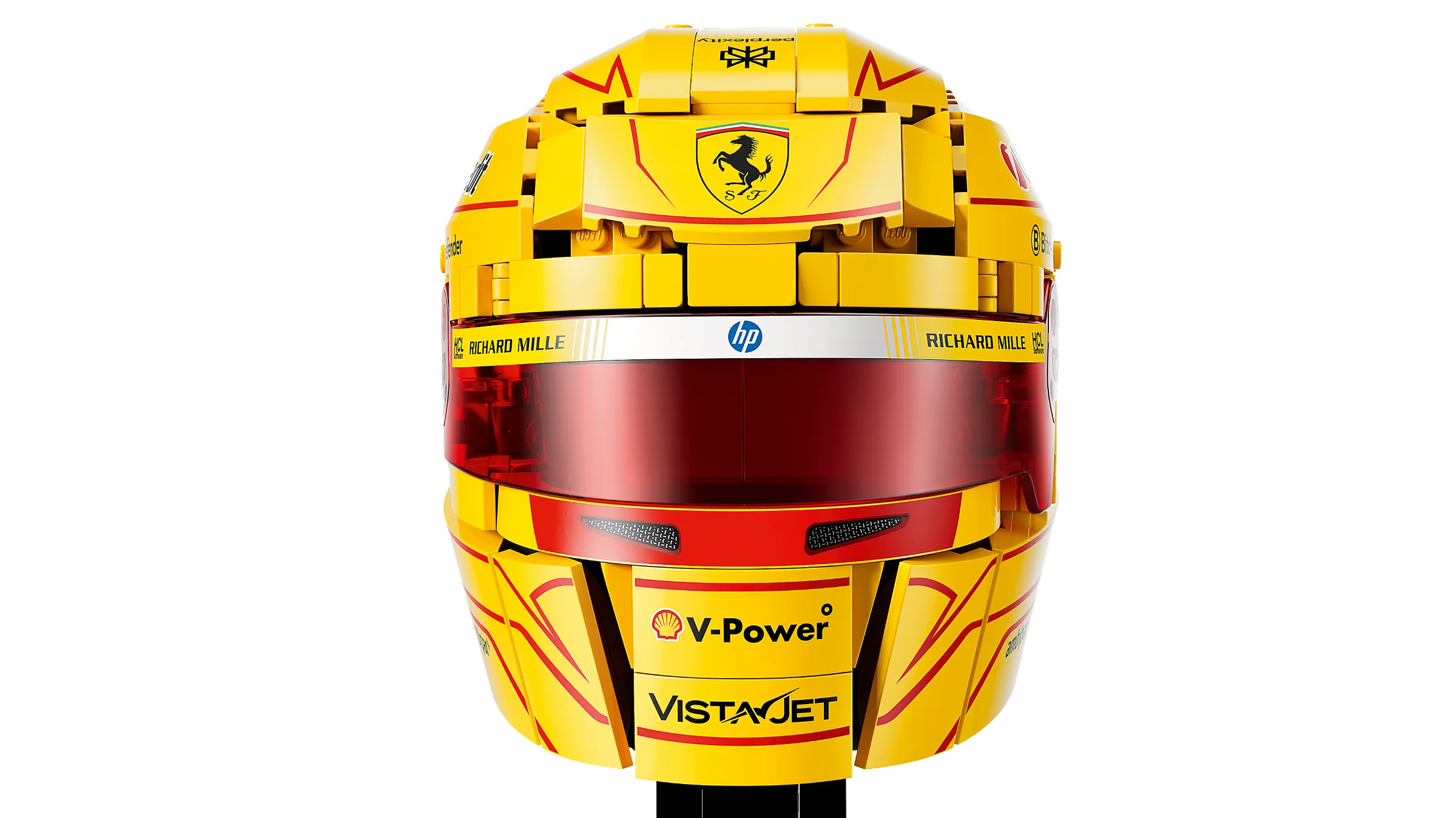 Casca LEGO Ferrari HP Lewis Hamilton 43022, galbenă și detaliată.