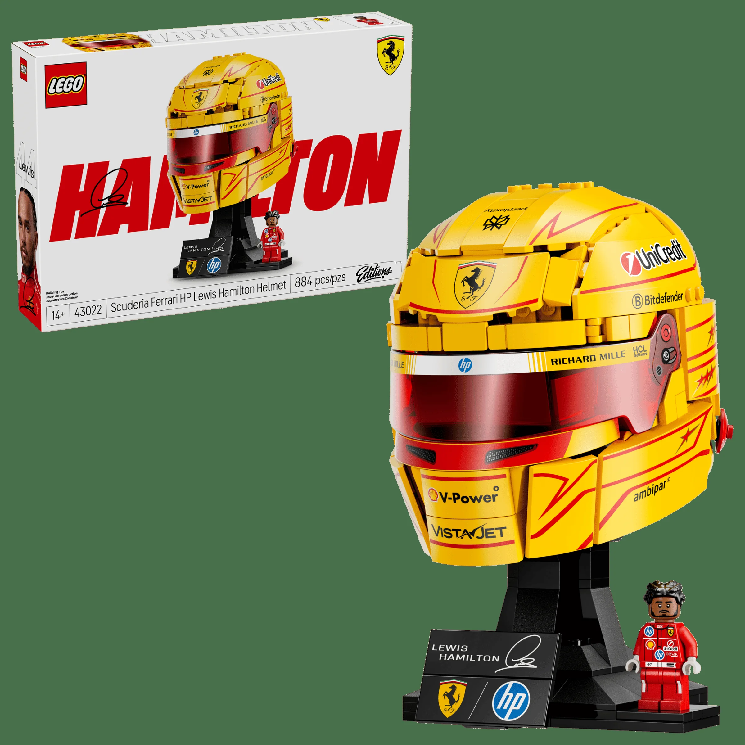 Imagine prezintă setul LEGO 43022, casca Ferrari HP Lewis Hamilton și cutia acestuia.