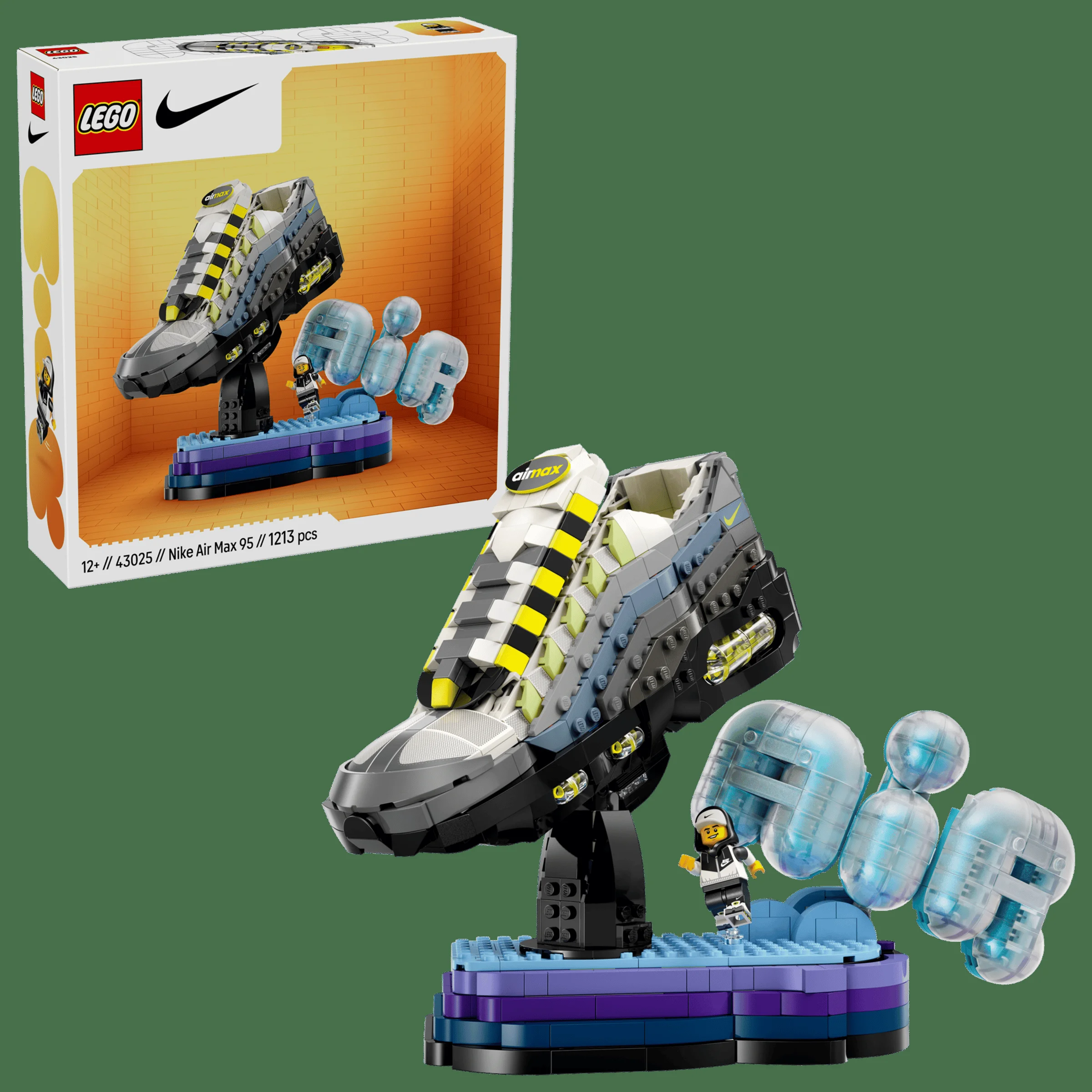 Imagine cu setul LEGO Nike Air Max 95, cu cutia și modelul construit. Aspect detaliat al pantofului și minifigurinei.