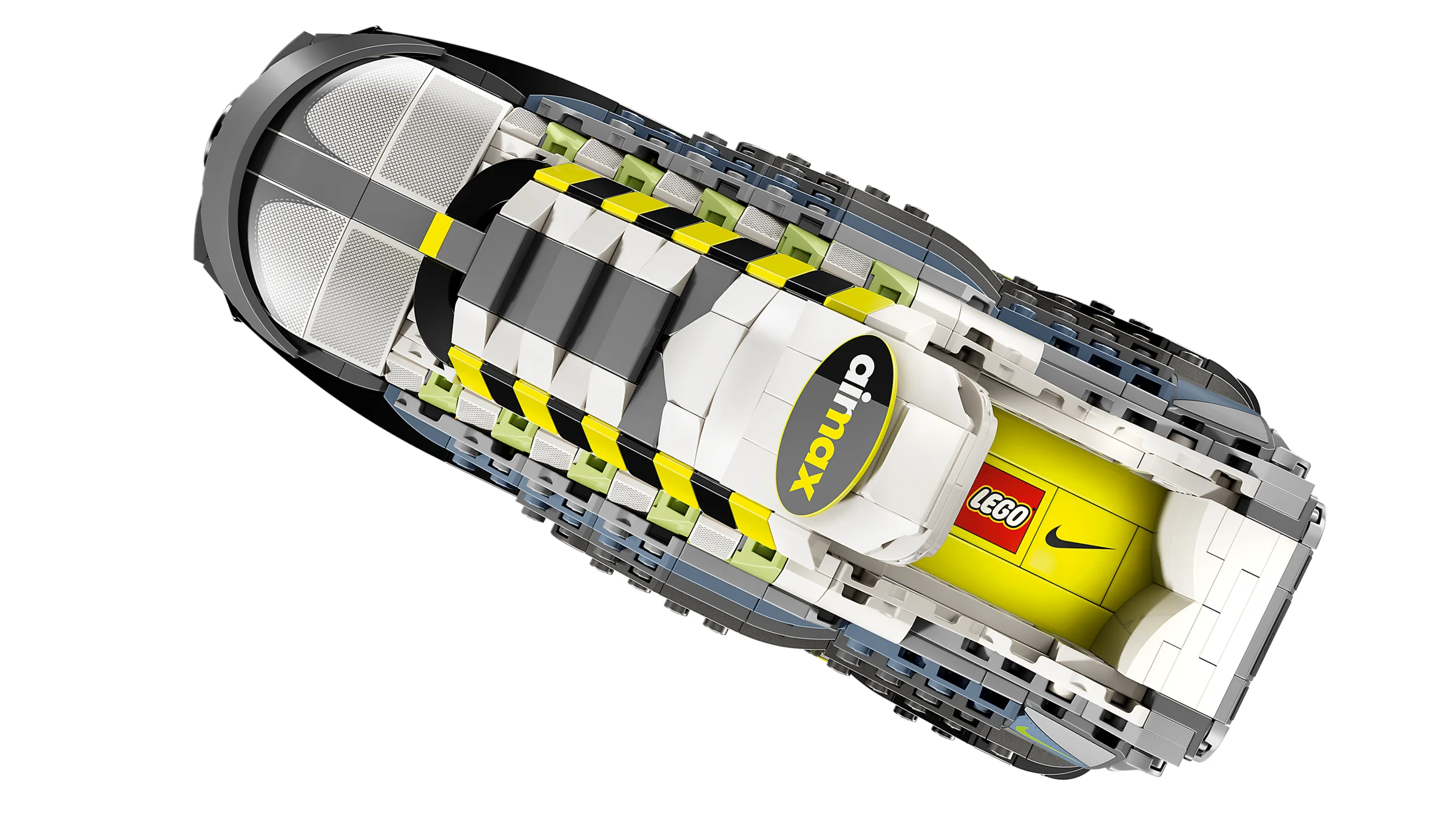 Imagine de sus a modelului LEGO Nike Air Max 95, detaliind culorile și texturile.
