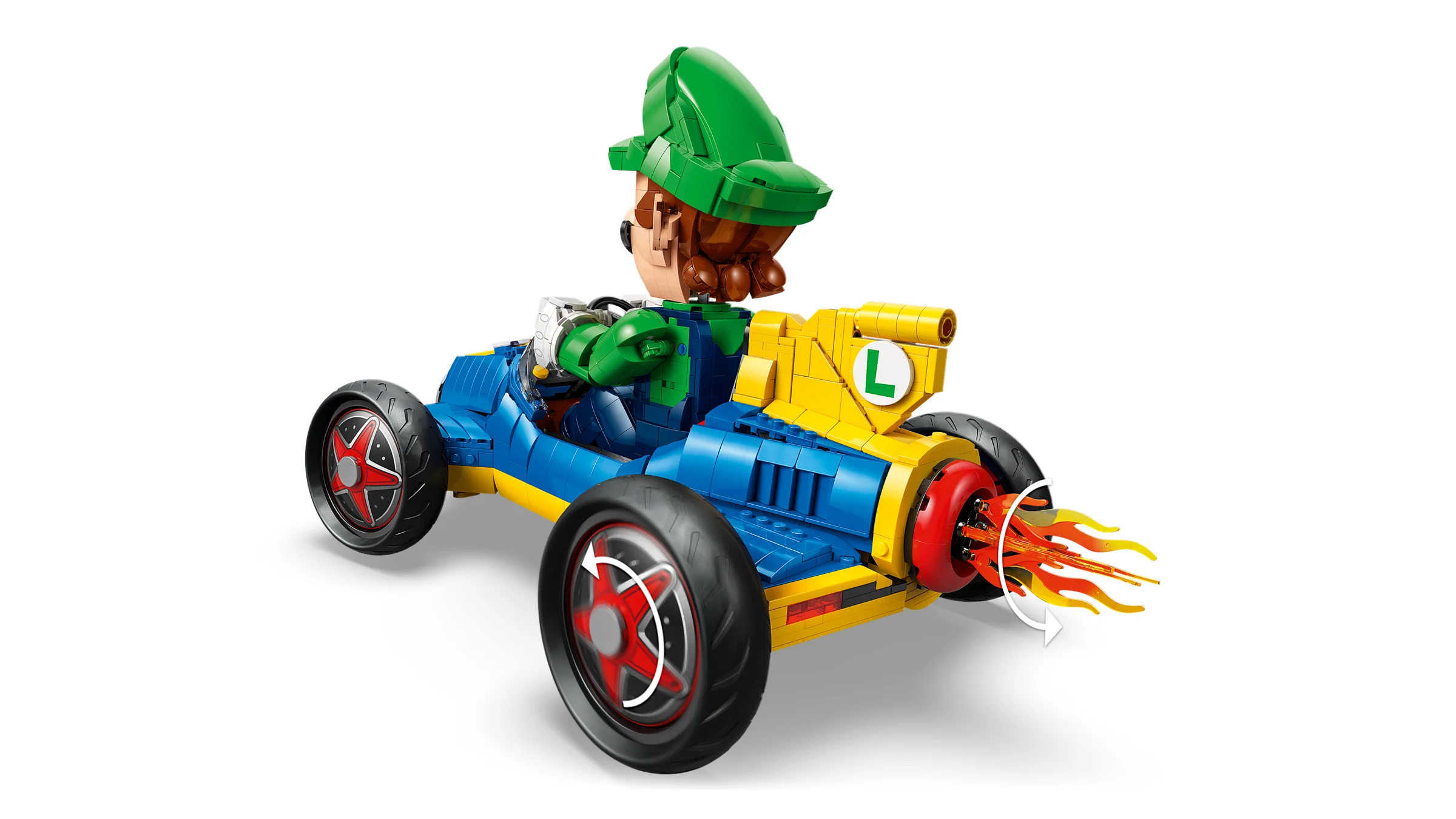Imagine cu Luigi la volanul mașinii Mach 8, o construcție detaliată LEGO.