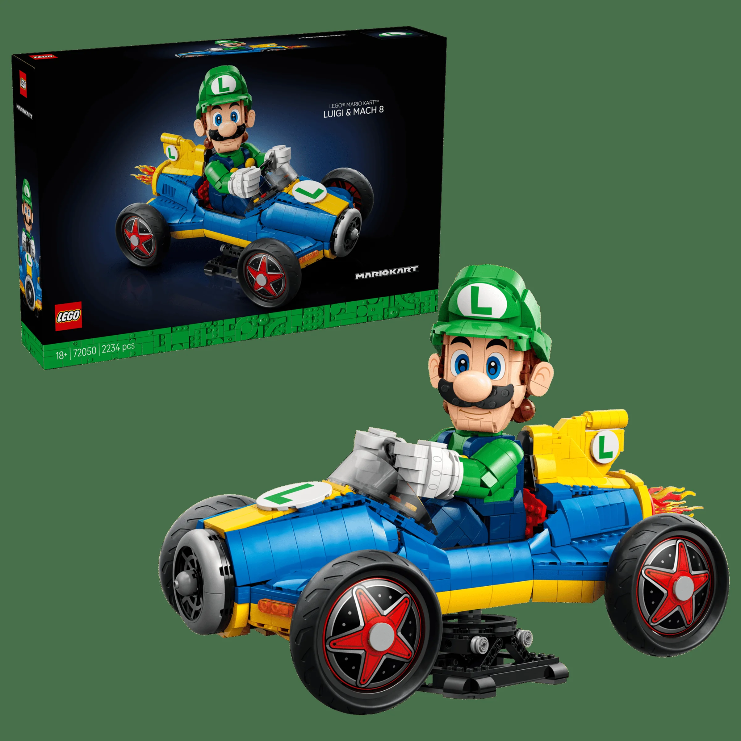 Imagine cu setul LEGO 72050, Luigi & Mach 8. Se văd modelul asamblat și cutia setului.